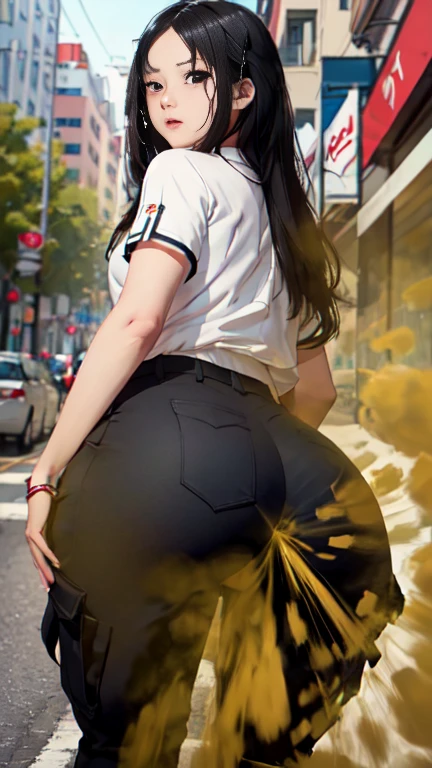 ((velocity)),Attacked by farts, (((Women farting))),(girl farting while stand)),frowned,velocity,(a female employee),(wearing tight shirt and cargo pants),(),(view from behind) (long hair black hair),(Asian woman),(street),(masterpiece:1.2、top-quality)、(the Extremely Detailed CG Unity 8K Wallpapers、ultra-detailliert、Best Shadows)、(Detailed background)、(The best lighting、extremely delicate and beautiful)、depth of fields、1girl in、report、upward looking gaze、