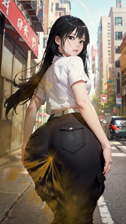 ((velocity)),Attacked by farts, (((Women farting))),(girl farting while stand)),frowned,velocity,(a female employee),(wearing tight shirt and cargo pants),(),(view from behind) (long hair black hair),(Asian woman),(street),(masterpiece:1.2、top-quality)、(the Extremely Detailed CG Unity 8K Wallpapers、ultra-detailliert、Best Shadows)、(Detailed background)、(The best lighting、extremely delicate and beautiful)、depth of fields、1girl in、report、upward looking gaze、