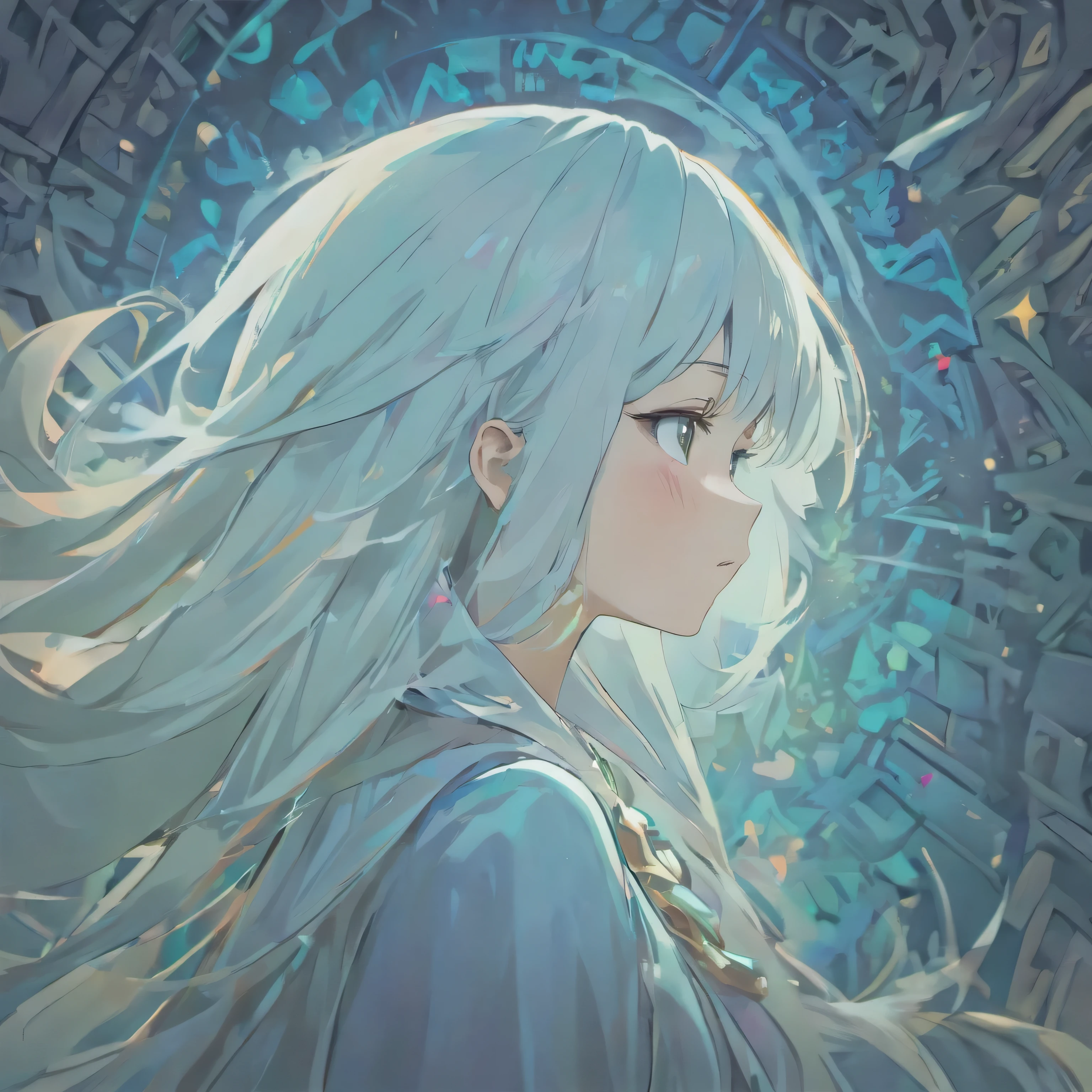(White background:1.4),(Silhouette of a girl's head, Eyes closed, colorfull long hair, Oriental elements),(Chinese illustration:1.3,paper art:1.3, Quilted paper art:1.2),( reasonable design, Clear lines, High sharpness,Best quality, Very detailed, Masterpiece, movie light effect, 4K )dead con ojos como el espacio