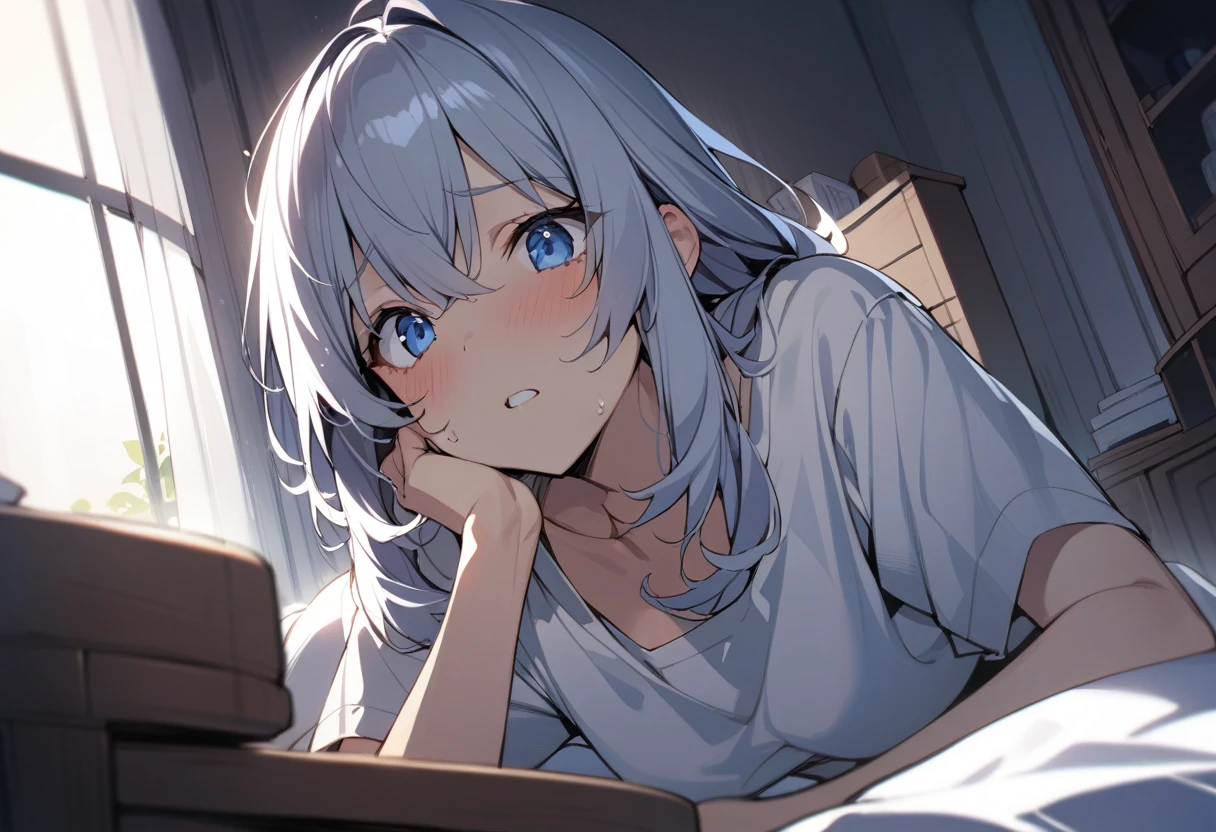 1girl, grey hair, blue eyes, scared, supper body, bedroom, indoor, masterpiece, best quality, absurdres, very aesthetic, oldest, General