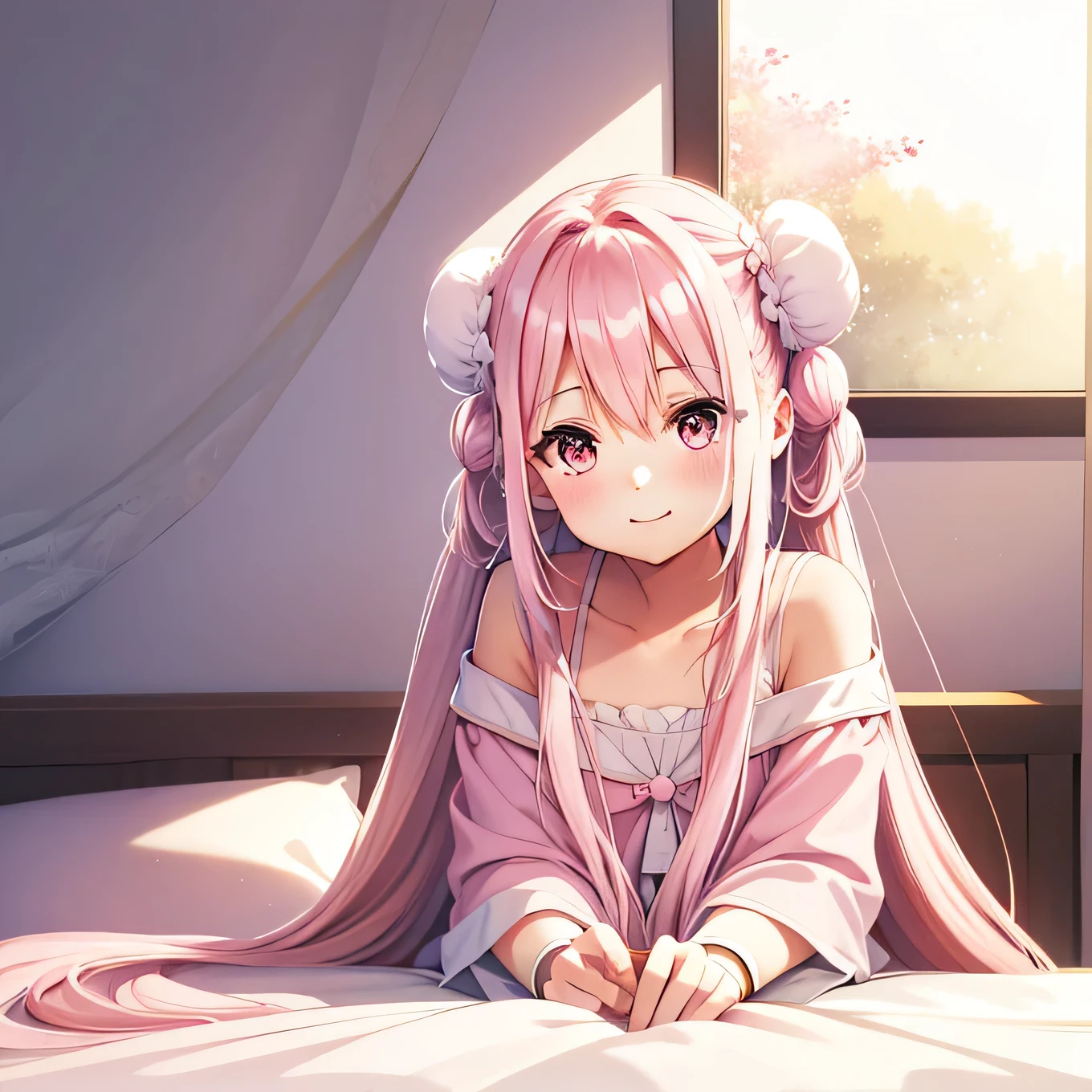Colorful sketch style. Small room, Pale pink wallpaper,A woman sits on bed and drinks coffee. The sun's rays wake up the room through a small window above the bed. As many details as possible,(Hair Ribbon:0.4), Pink Eyes,Cinematic Angles,perspective,(((White bun hair))),(((Long pink hair))),whole body,smile,