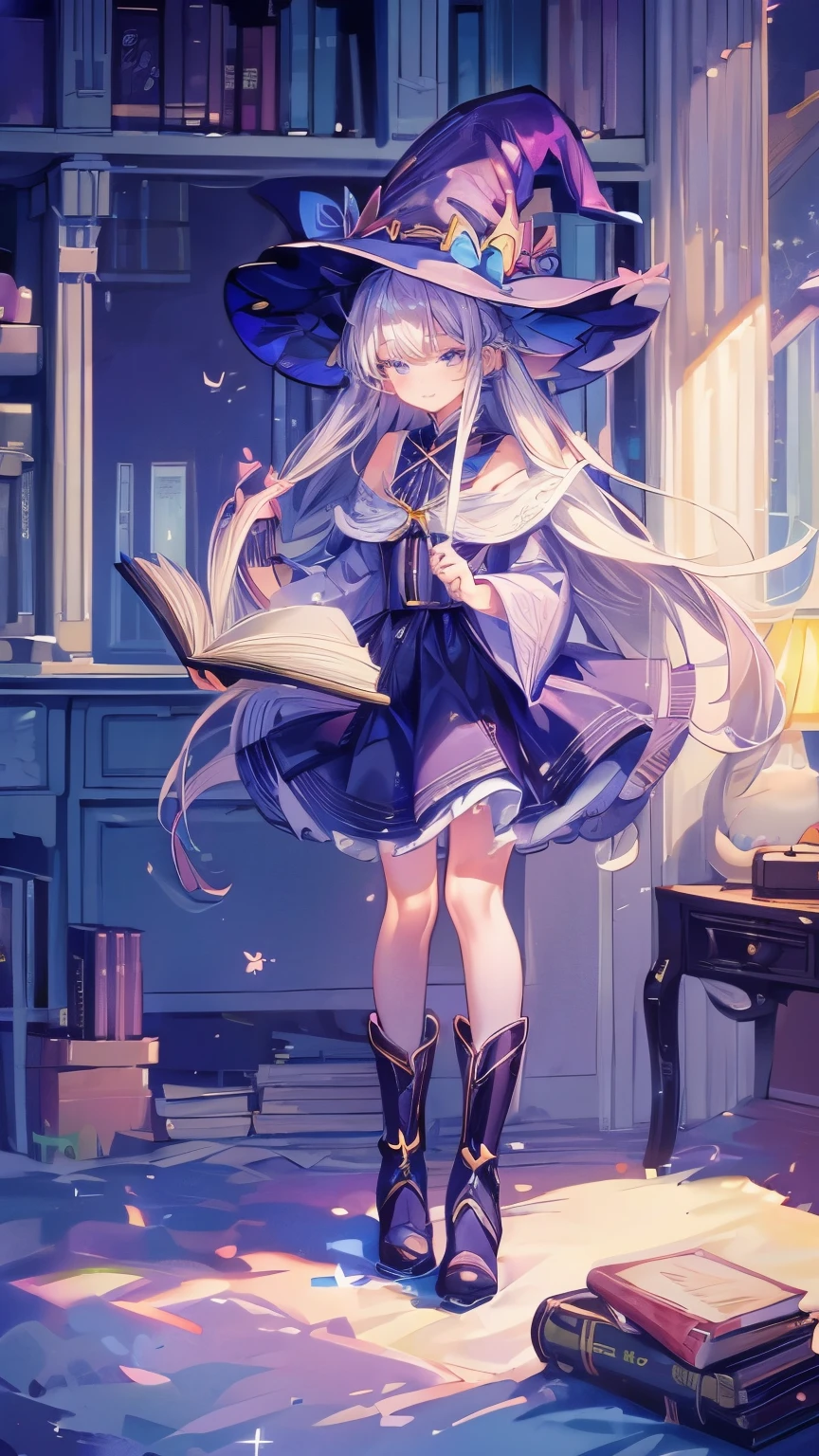 ((magic使いの女の子:1.5)), Full body photography，Perfect Face, Beautiful Face, Highly detailed face，(Long Hair:1.3)，(Witch Hat:1.3)，boots，Witch's broom，magicの杖，book of magic，Night Sky，たくさんのstar，Shine，smile，Light，magic，月Light，starの粒，star々，月Light，流れstar