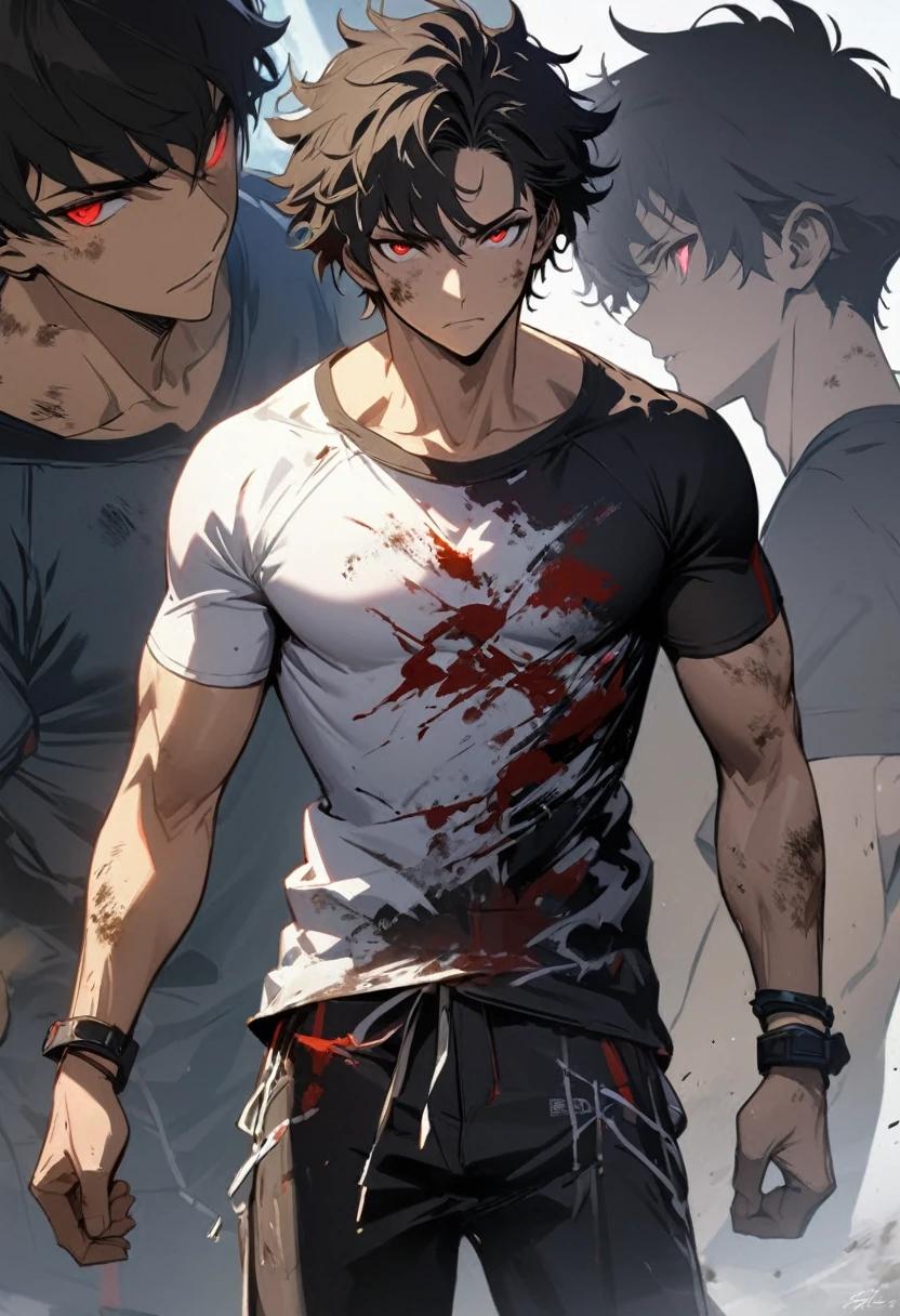 8K resolution, Very detailed, Digital painting, Concept art, highest quality, Best quality, One, beautiful, 1 man, with a sporty body, embossed body, wide shoulders, anime T-shirt and black pants, short hair, dirty hair, wild hair, black hair (black hair), blood-red eyes (red eyes), light eyes, white threads, black light