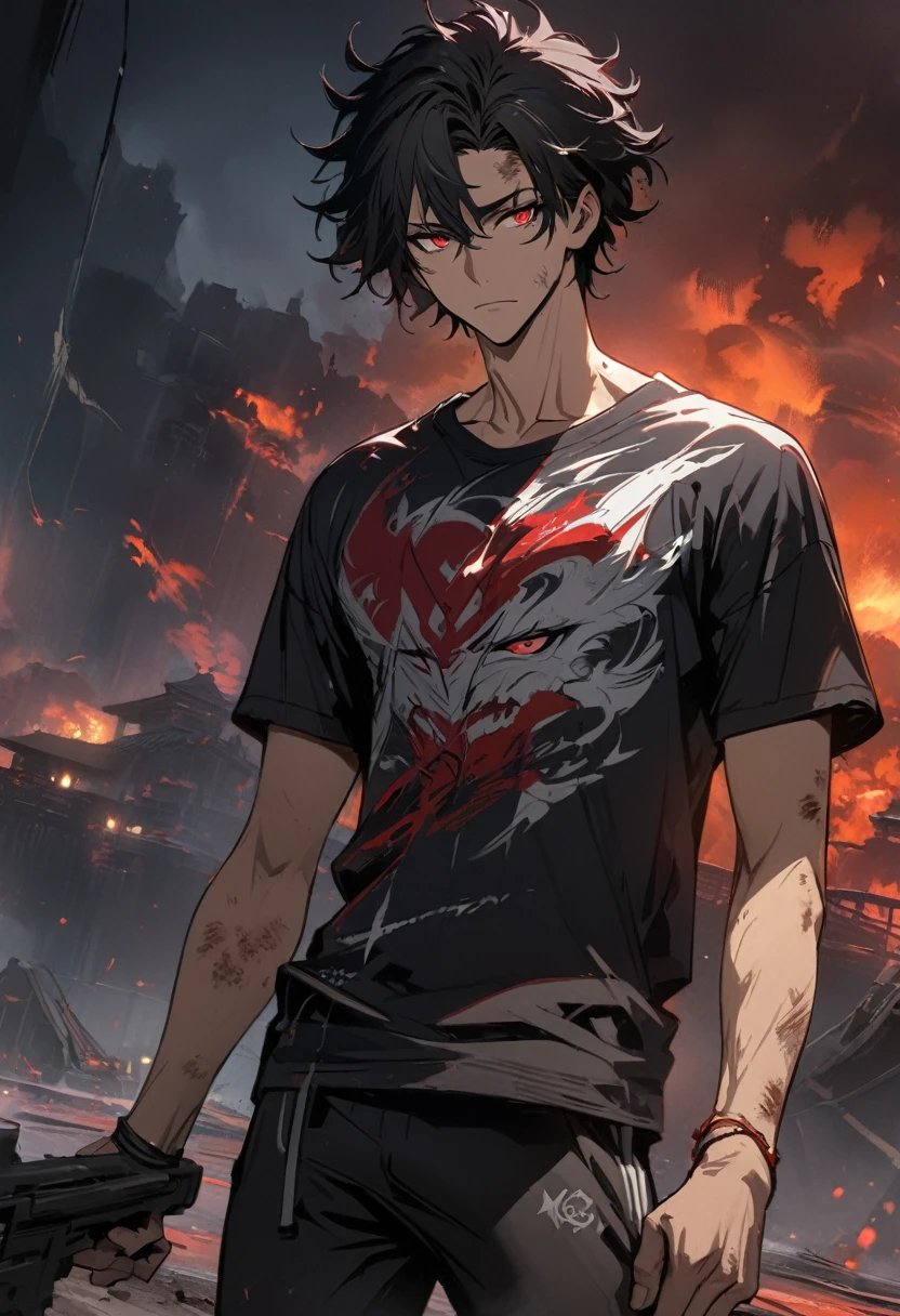 8K resolution, Very detailed, Digital painting, Concept art, highest quality, Best quality, One, beautiful, 1 man, with a sporty body, embossed body, wide shoulders, anime T-shirt and black pants, short hair, dirty hair, wild hair, black hair (black hair), blood-red eyes (red eyes), light eyes, white threads, black light