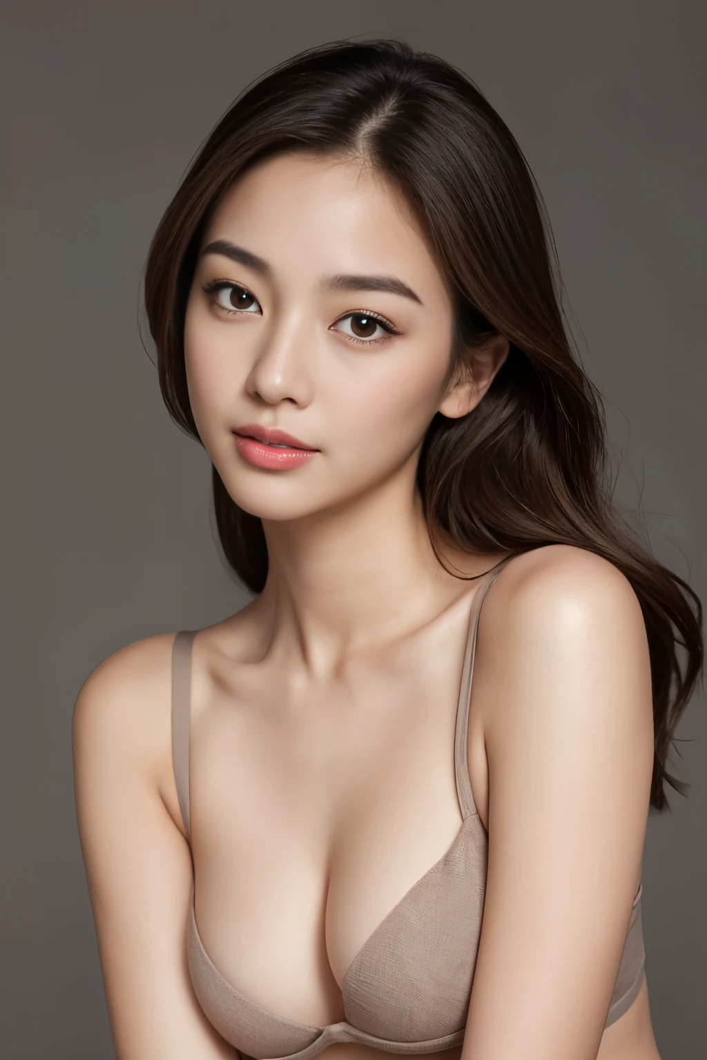 Create a (( mid-shot )) photorealistic image of a beautiful Asian woman with fair, smooth, flawless skin. She has large, round, sparkling eyes with naturally long and curled eyelashes, and well-defined, dark eyebrows. Her nose is straight and high, and her naturally pink, soft lips form a gentle smile. She has short, slightly curled brown hair that highlights her delicate facial features. Her face is oval-shaped, with a wide and high forehead, moderately high cheekbones, and a pointed, slender chin. She is wearing a light grey bra that complements her elegant and feminine appearance. (( waist to top))