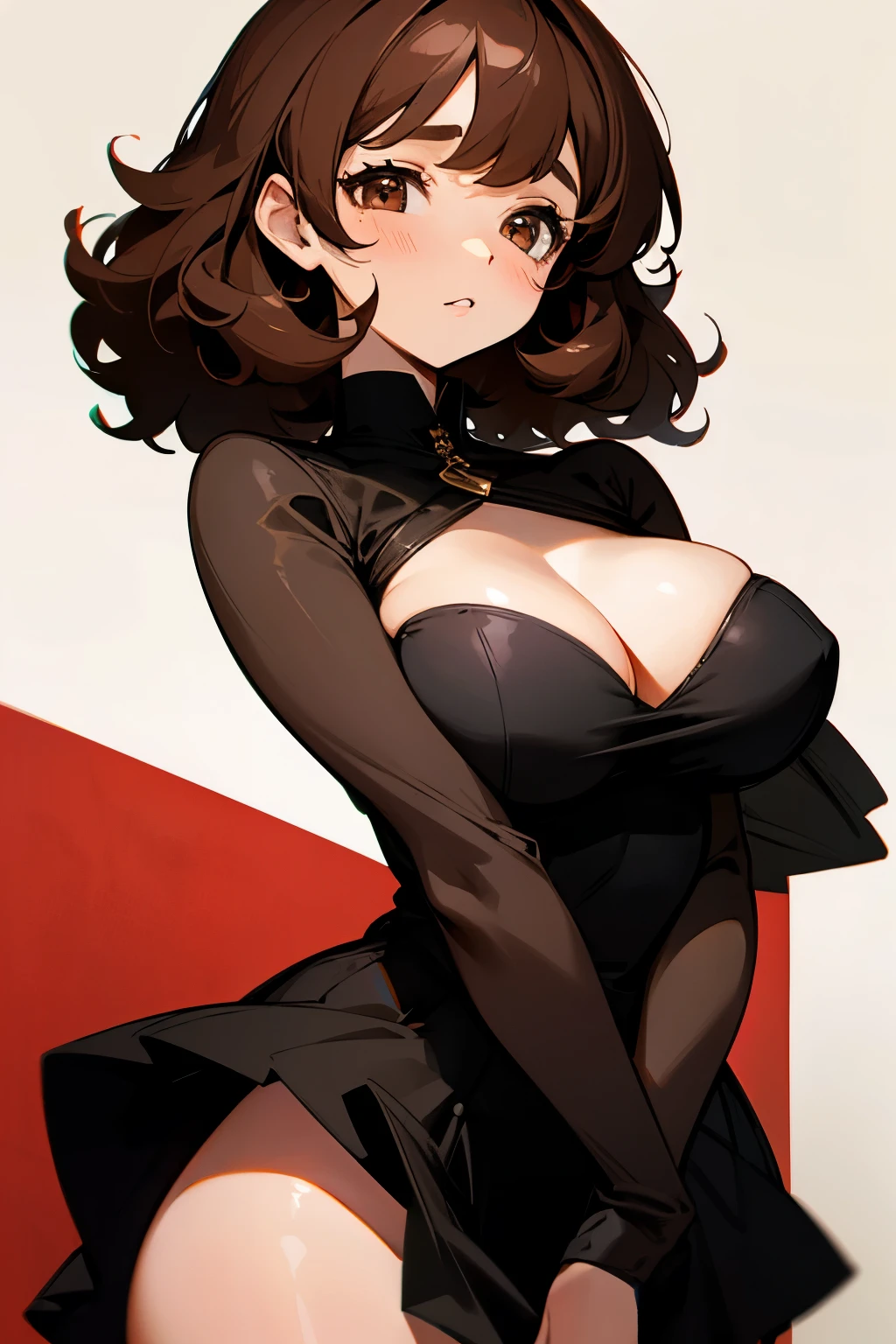 Girl, short curly brown hair, brown eyes, red cheeks, black dress, big breasts, skirt 