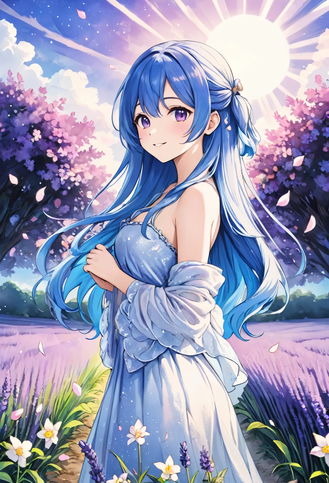 (High resolution、Very detailed、Hmph、movie)、alone、1 girl、happiness、Girl Standing In Lavender Flower Garden、Girl around the petals、Cute Smile、Esbian all over、Girl with long blue hair、Light blueの髪、Looking into the camera、Fantasy、Official Art、Pop Art、profile、Very detailedな顔、Very detailedな目、Lavender Flower Garden、Ultra Detailed Fields、White blue sky、 Light blue、Blanche、Nebula in the sky、Watercolor、pastel colour