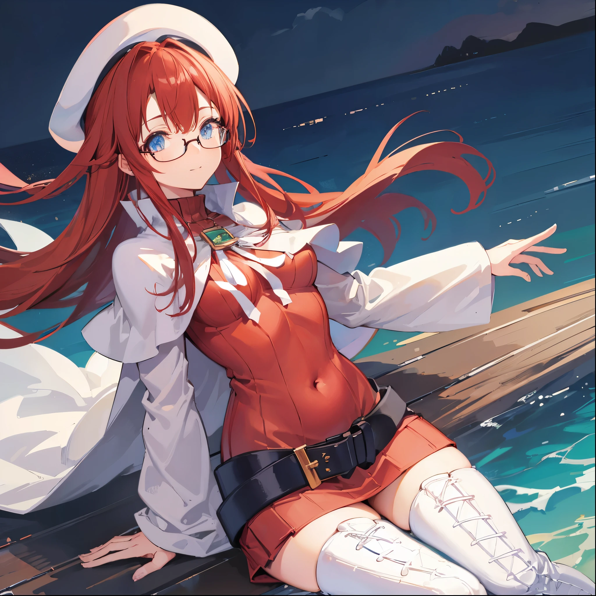 summonnightaty, aty, (young:1.3),long hair, blue eyes, red hair, big_tits, hat, glasses,
BREAK long hair, thighhighs, hat, dress, naked_legs, glasses, belt, cape, sweater, zettai ryouiki, beret, thigh boots, white footwear, ribbed sweater, loose belt,solo,
BREAK outdoors, fantasy,on_beach,
,Highquality_hads,perfect_fingers,
BREAK (masterpiece:1.2), best quality, high resolution, unity 8k wallpaper, (illustration:0.8), (beautiful detailed eyes:1.6), extremely detailed face, perfect lighting, extremely detailed CG, (perfect hands, perfect anatomy),covered_nipples,covered_navel ,half_eyes,long_sword,sleepy,standing,red_sweater,apart_knees,magical_effect,spread_legs, have_a_book,teacher,rise_knee,Smile,rise_hand,look_down_viewer,spread_arms,sea_waves,looking_into,blue_sky,sitting,plump,