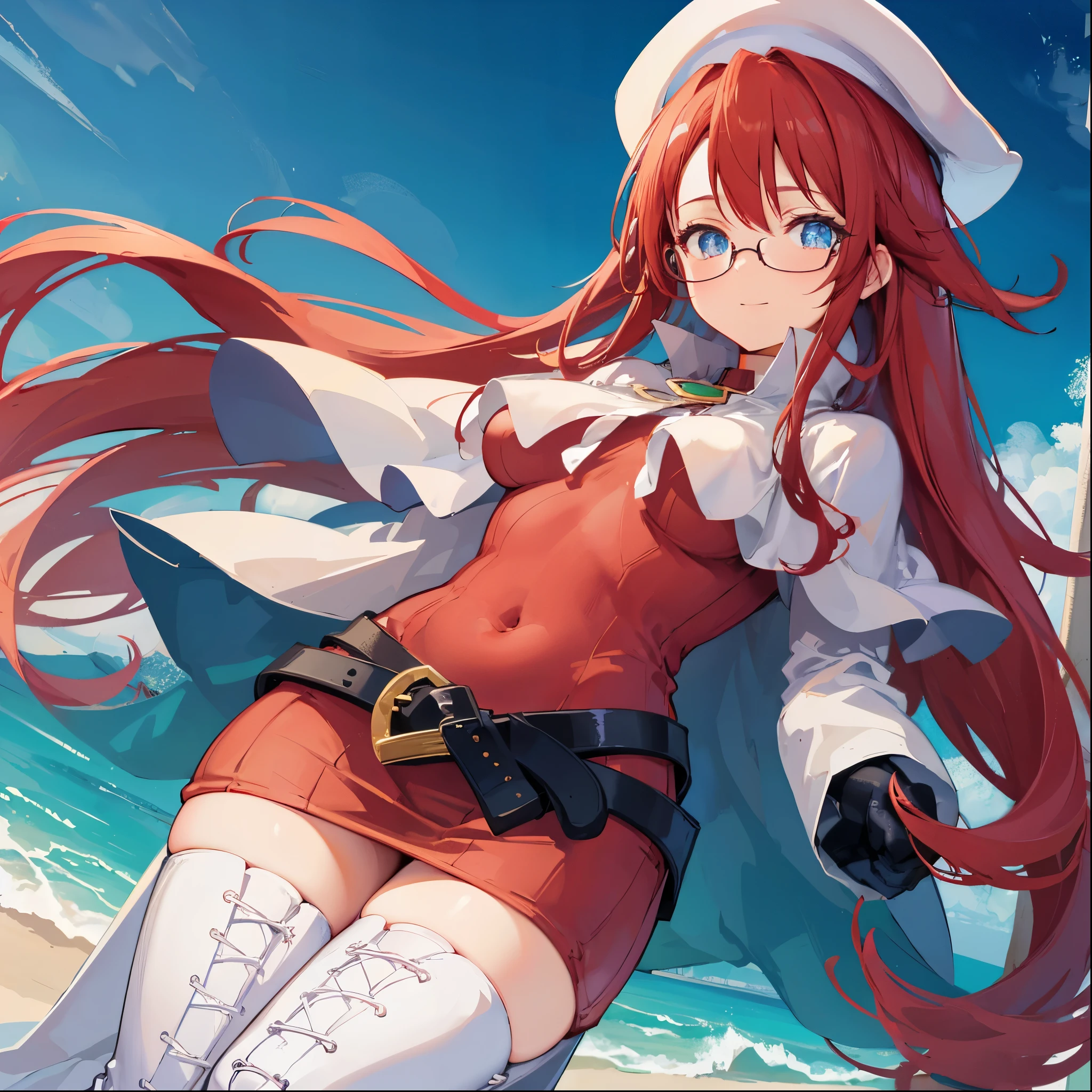 summonnightaty, aty, (young:1.3),long hair, blue eyes, red hair, big_tits, hat, glasses,
BREAK long hair, thighhighs, hat, dress, naked_legs, glasses, belt, cape, sweater, zettai ryouiki, beret, thigh boots, white footwear, ribbed sweater, loose belt,solo,
BREAK outdoors, fantasy,on_beach,
,Highquality_hads,perfect_fingers,
BREAK (masterpiece:1.2), best quality, high resolution, unity 8k wallpaper, (illustration:0.8), (beautiful detailed eyes:1.6), extremely detailed face, perfect lighting, extremely detailed CG, (perfect hands, perfect anatomy),covered_nipples,covered_navel ,half_eyes,long_sword,sleepy,standing,red_sweater,apart_knees,magical_effect,spread_legs, have_a_book,teacher,rise_knee,Smile,rise_hand,look_down_viewer,spread_arms,sea​_waves,looking_into,blue_sky,sitting,plump,