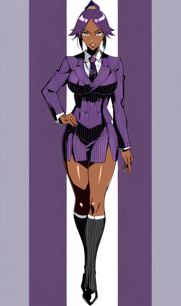  Full body Yoruichi as a thin Black business woman in a double breasted pinstripe purple  skirt suit while wearing a tie with purple pinstripe skirt and with black knee socks full 