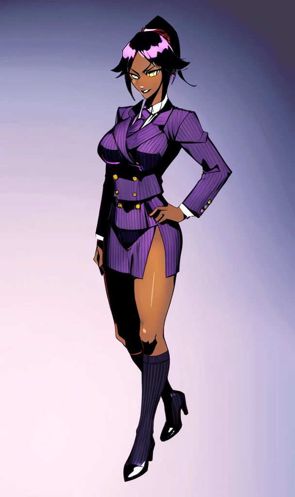  Full body Yoruichi as a thin Black business woman in a double breasted pinstripe purple  skirt suit while wearing a tie with purple pinstripe skirt and with black knee socks full 