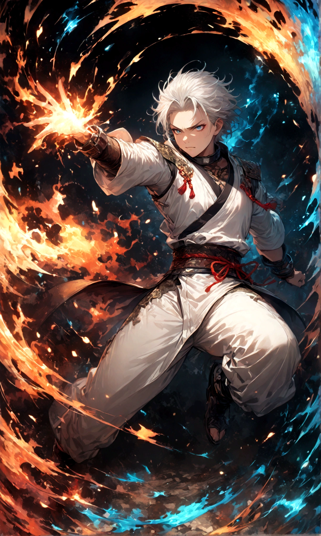 (1 male,gabimaru,Androgynous short hair,white hair,White ninja costume,Gabimaru is a slim androgynous man,beautiful,Listless),Midori Ishida's painting style,Intricate details,,Decadent,artwork,rendering,Dynamic pose,(masterpiece:1.3),(highest quality:1.4),(Super detailed:1.5),High resolution,Very detailed,unity 8k wallpaper,Dark fantasy,Glare,Fighting Style,BREAK,The ninja outfit that Gabimaru is wearing is white.,The collar and cuffs are black.