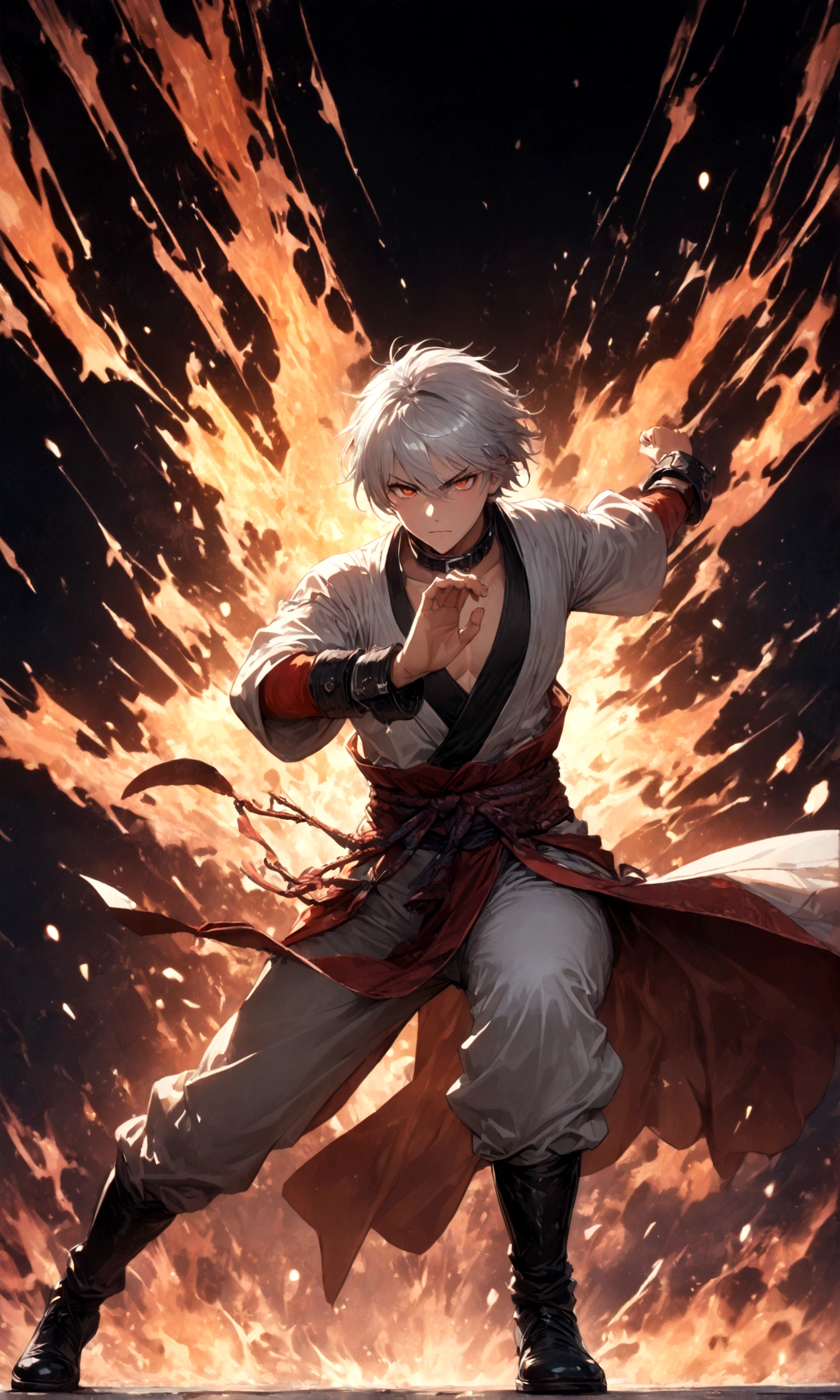 (1 male,gabimaru,Androgynous short hair,white hair,White ninja costume,Gabimaru is a slim androgynous man,beautiful,Listless),Midori Ishida's painting style,Intricate details,,Decadent,artwork,rendering,Dynamic pose,(masterpiece:1.3),(highest quality:1.4),(Super detailed:1.5),High resolution,Very detailed,unity 8k wallpaper,Dark fantasy,Glare,Fighting Style,BREAK,The ninja outfit that Gabimaru is wearing is white.,The collar and cuffs are black.