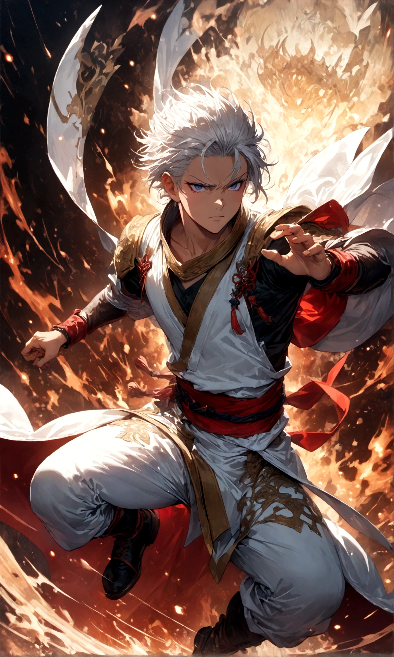 (1 male,gabimaru,Androgynous short hair,white hair,White ninja costume,Gabimaru is a slim androgynous man,beautiful,Listless),Midori Ishida's painting style,Intricate details,,Decadent,artwork,rendering,Dynamic pose,(masterpiece:1.3),(highest quality:1.4),(Super detailed:1.5),High resolution,Very detailed,unity 8k wallpaper,Dark fantasy,Glare,Fighting Style,BREAK,The ninja outfit that Gabimaru is wearing is white.,The collar and cuffs are black.
