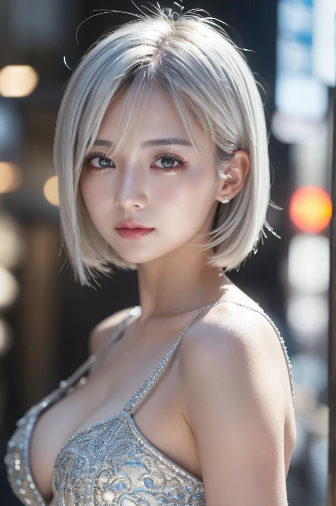 highest quality、8k Masterpiece、超A high resolution、(Photorealistic:1.3)、RAW Photos、1 girl、Silvery white hair、Glowing Skin、1. Super-beautiful Cyberpunk Soldiers、((Ultra-Realistic Details))、Portrait、Global Illumination、Shadow、Octane Rendering、8k、Super sharp、Beautiful breasts、Metal、Cold colors、、Very intricate details、Realistic Light、CGSoation Trend、Beautiful Eyes、Shining Eyes、To the camera、Neon Details、20age、short hair