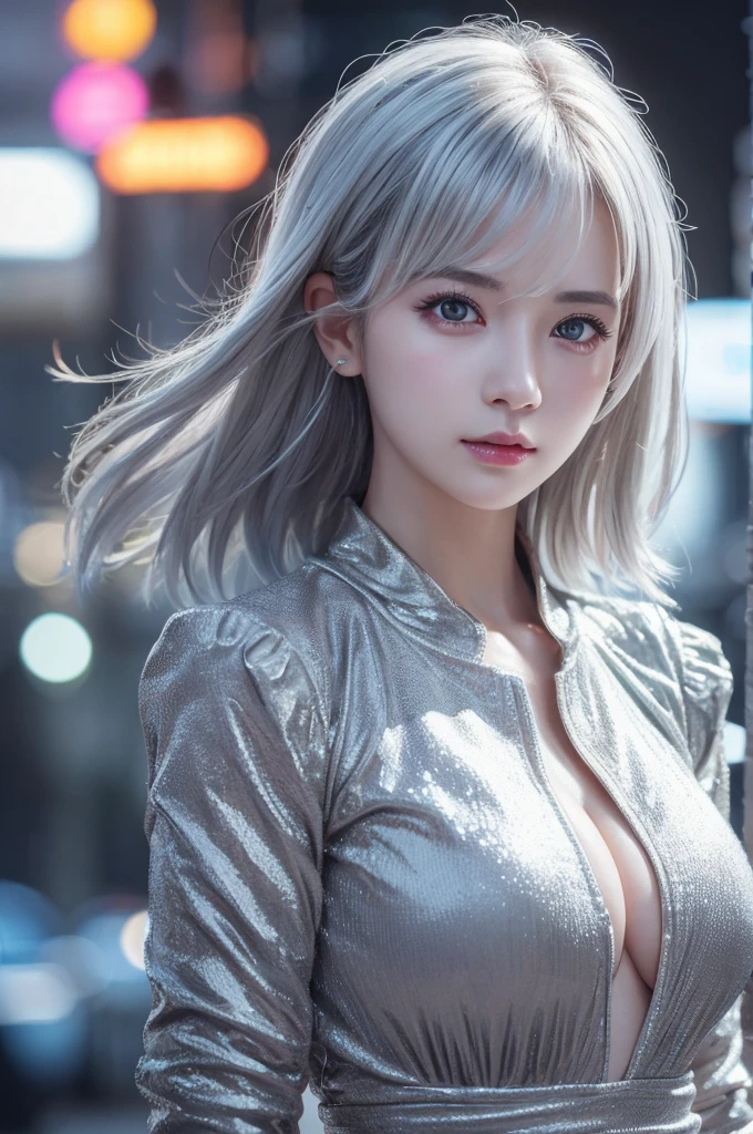 highest quality、8k Masterpiece、超A high resolution、(Photorealistic:1.3)、RAW Photos、1 girl、Silvery white hair、Glowing Skin、1. Super-beautiful Cyberpunk Soldiers、((Ultra-Realistic Details))、Portrait、Global Illumination、Shadow、Octane Rendering、8k、Super sharp、Beautiful breasts、Metal、Cold colors、、Very intricate details、Realistic Light、CGSoation Trend、Beautiful Eyes、Shining Eyes、To the camera、Neon Details、２０age、short hair