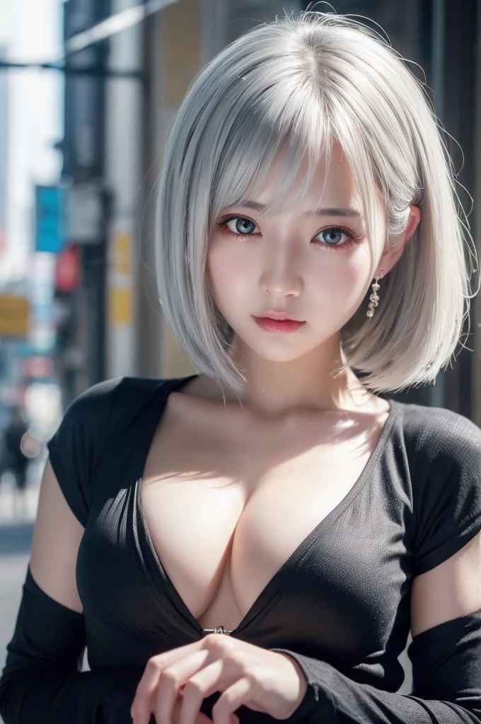 highest quality、8k Masterpiece、超A high resolution、(Photorealistic:1.3)、RAW Photos、1 girl、Silvery white hair、Glowing Skin、1. Super-beautiful Cyberpunk Soldiers、((Ultra-Realistic Details))、Portrait、Global Illumination、Shadow、Octane Rendering、8k、Super sharp、Beautiful breasts、Metal、Cold colors、、Very intricate details、Realistic Light、CGSoation Trend、Beautiful Eyes、Shining Eyes、To the camera、Neon Details、20age、short hair