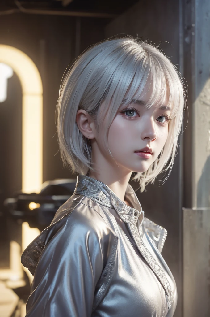 highest quality、8k Masterpiece、超A high resolution、(Photorealistic:1.3)、RAW Photos、1 girl、Silvery white hair、Glowing Skin、1. Super-beautiful Cyberpunk Soldiers、((Ultra-Realistic Details))、Portrait、Global Illumination、Shadow、Octane Rendering、8k、Super sharp、Beautiful breasts、Metal、Cold colors、、Very intricate details、Realistic Light、CGSoation Trend、Beautiful Eyes、Shining Eyes、To the camera、Neon Details、20age、short hair