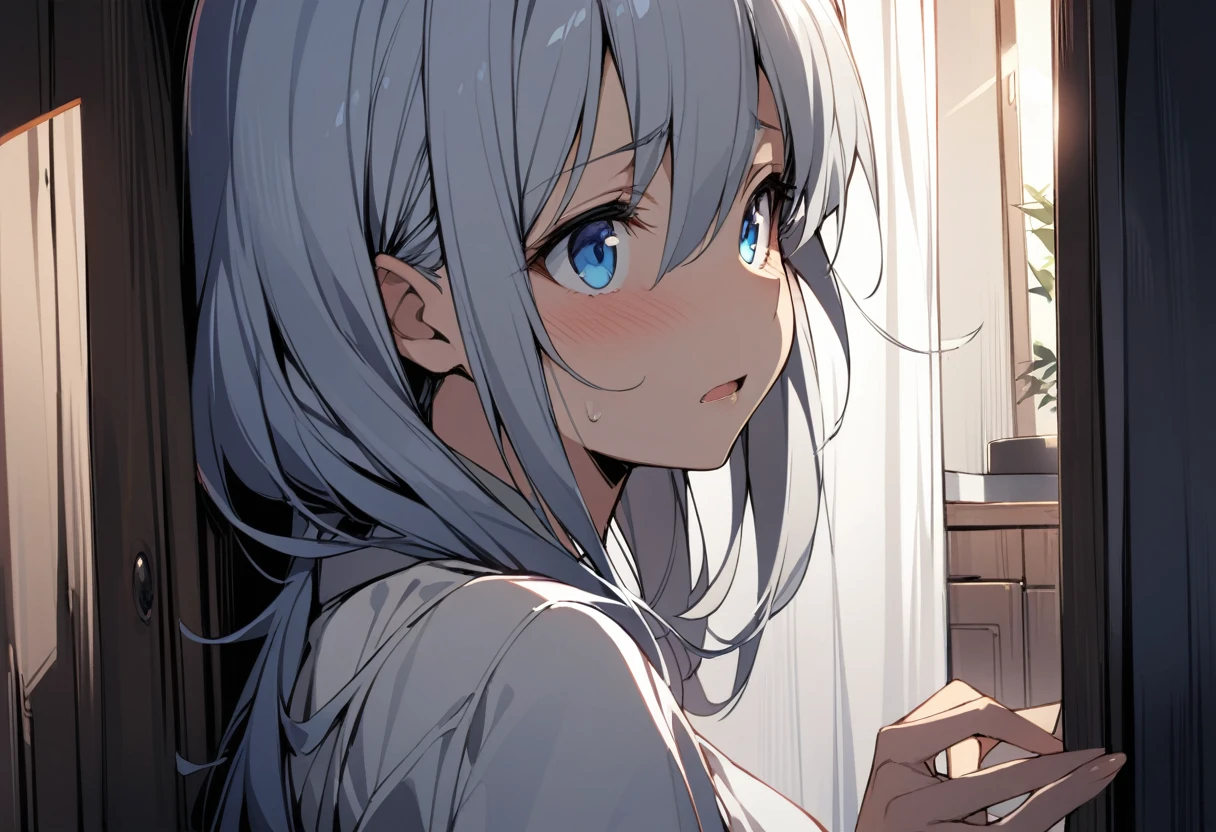 1girl, grey hair, blue eyes, scared, upper body, bedroom, indoor, masterpiece, best quality, absurdres, very aesthetic, early, General