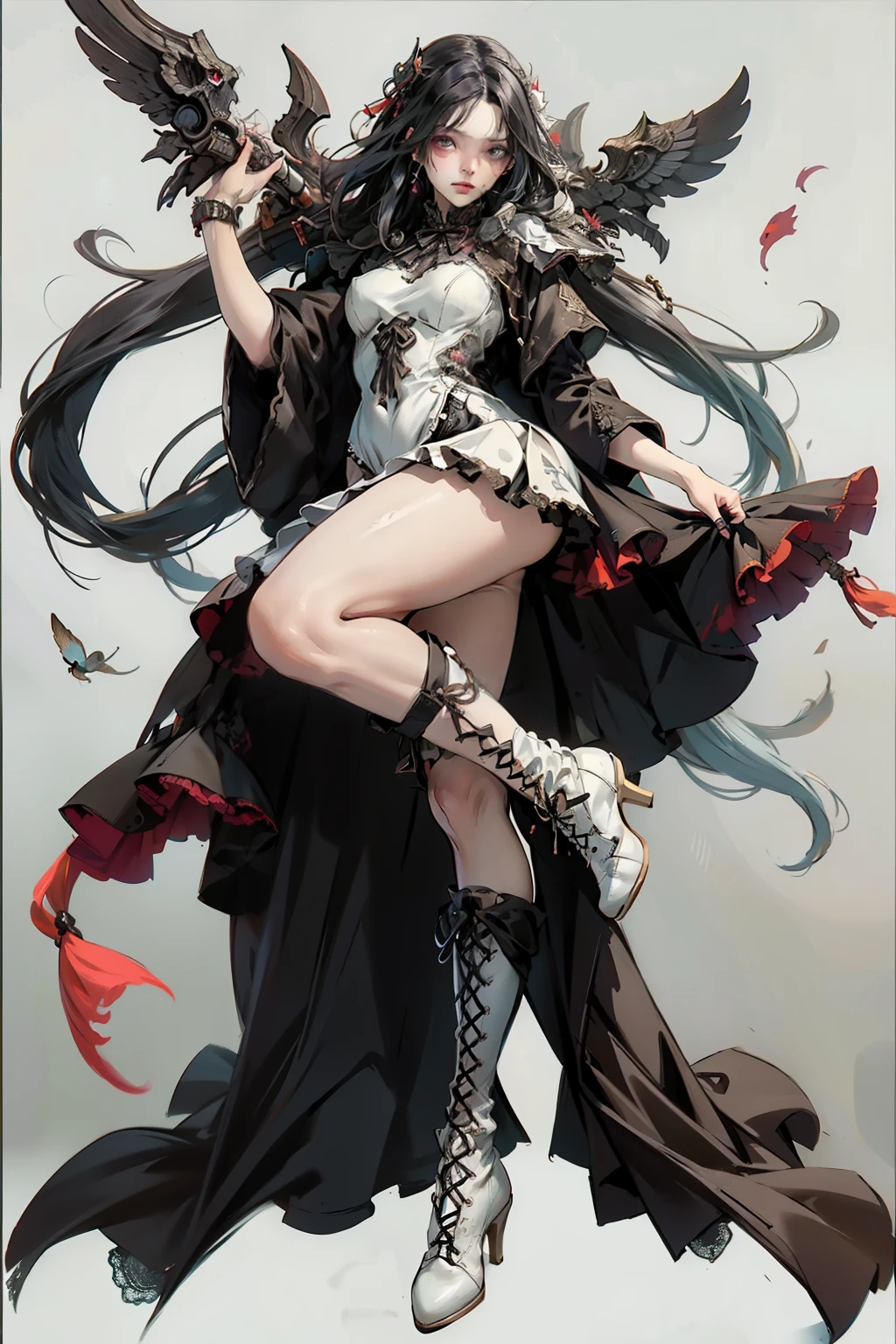 ((best quality)), ((masterpiece)), (detailed), blank white background, plain background, white background, red and white clothing, Bloodborne inspired,  occult aesthetic, occult, detailed and intricate steampunk and detailed gothic, NSFW, Very dramatic and cinematic lighting, cosmic horror, grim-dark, side-lighting, perfect face, NSFW, Fluttering lace flared long knee length dress with frilly petticoats, knee length dress, pleated petticoats, lolita dress, petticoats gothic lolita, complex lace boots, side-lighting, gothic lolita aesthetic, wielding a mighty sword, carbine, NSFW, beautiful small breasts, small breasts, full body, whole body, body, plain background, white background, blank background, no background, white background NSFW, full body, whole body, head-to-toe NSFW