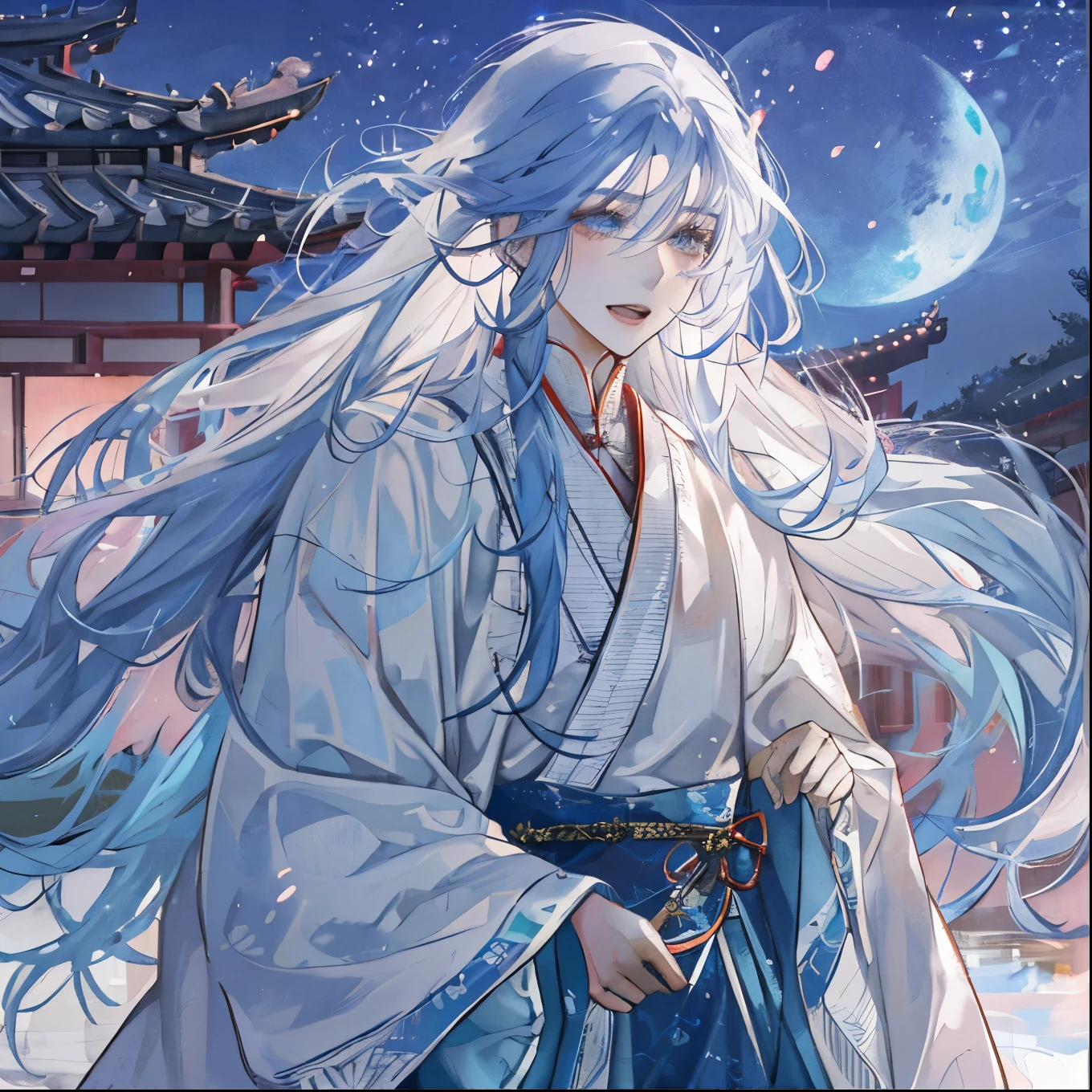 male性,male,White Robe、Long gradient blue hair、long flowing hair,wide sleeve robe,Ancient Wind,Plain clothes,There is no pattern on the clothes,Laughing,Soft Lighting,water ink,Behind it is the full moon,Low Saturation,Low contrast,LED floodlight