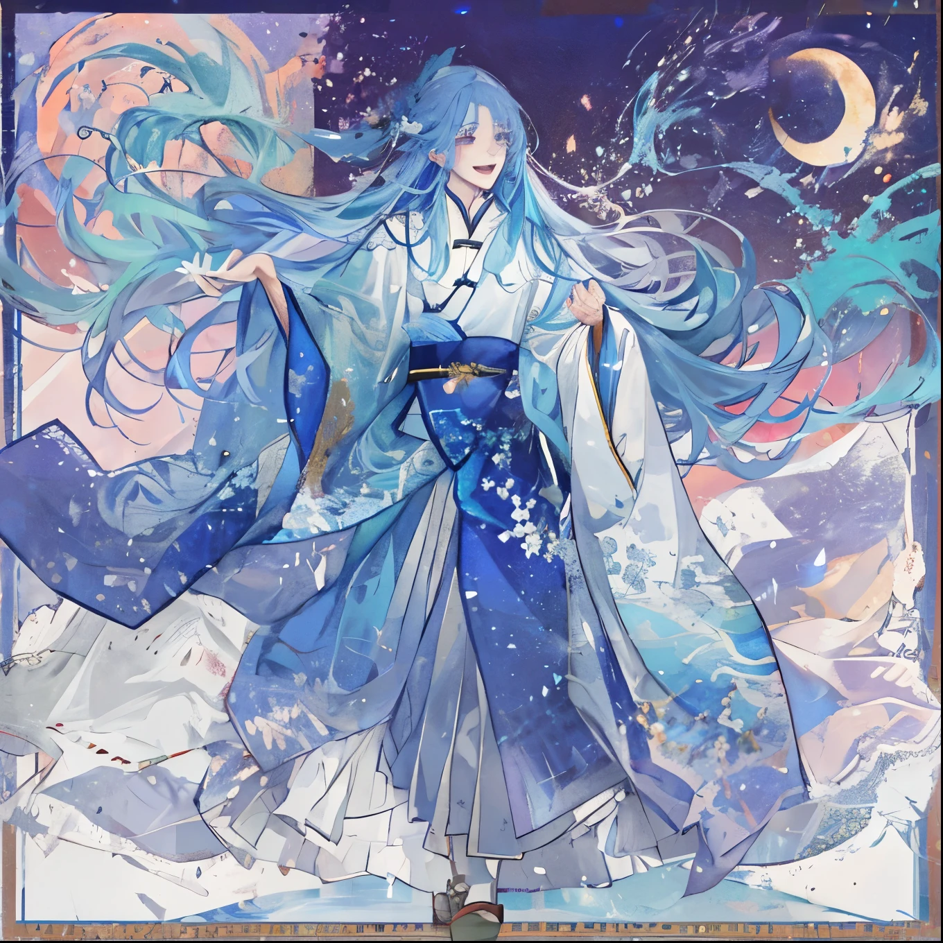 male性，male，White Robe、Long gradient blue hair、long flowing hair，wide sleeve robe，Ancient Wind，Plain clothes，There is no pattern on the clothes，Laughing，Soft Lighting，water ink，Behind it is the full moon，Low Saturation，Low contrast，LED floodlight