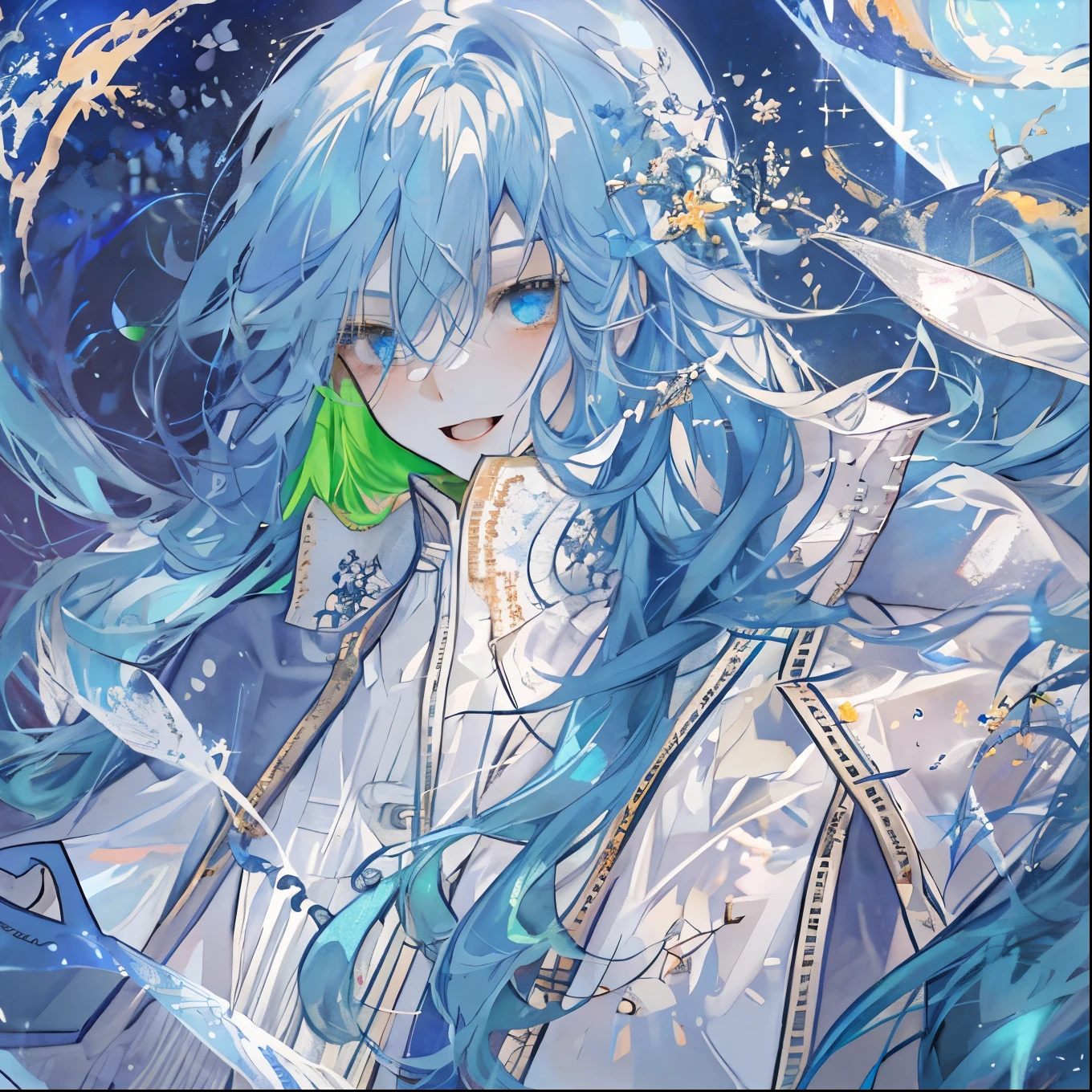 male性,male,White Robe、Long gradient blue hair、long flowing hair,wide sleeve robe,Ancient Wind,Plain clothes,There is no pattern on the clothes,Laughing,Soft Lighting,water ink,Behind it is the full moon,Low Saturation,Low contrast,LED floodlight