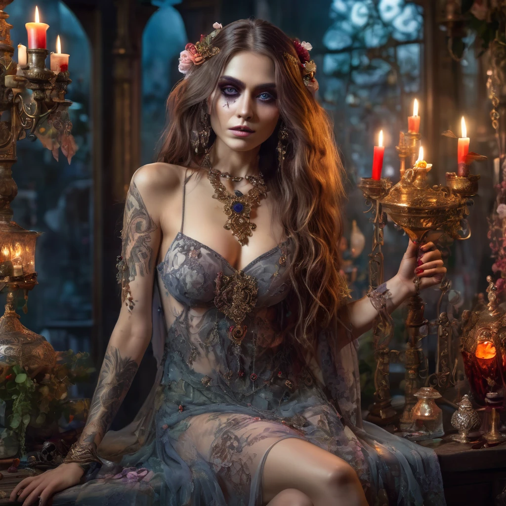 topless zombie girl, long bloody hair, seductive eyes, mysterious expression, mature appearance, charming dress, flowing short dress, elegant jewelry, intricate decoration, magic symbols, glowing accessories, potions, scrolls, cute accents, bows, ribbons, flowers, birds, skeleton