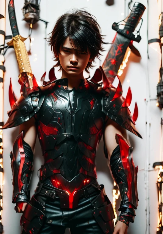 (ultra realistic,32k, masterpiece:1.2),(high detailed skin:1.1),( high quality:1.1),
1boy,(caucasian european), black hair,  with cyberpunk samurai armor,  cute, 18 years old, european caucasian), beautiful decourations, 8k, uhd, masterpiece, katana in the back, kanjis, (metal black armor with red and orange decourations), fire themed armor, light effects