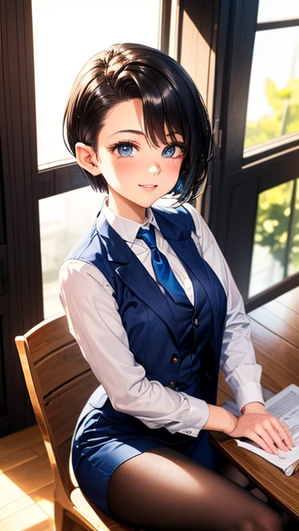 A girl is posing for a photo,pretty girl,Enchanting girl,Anime Girls,
(((One Girl,16 years o 
 
(black ribbon tie + White Collar Dress Shirt + blue suit jacket + blue suit vest + Blue Shiny Pencil Mini Skirt)、((black pantyhose : low denier, sheer, glossy finish))、(Black high heels), 
BREAK 

(Black Hair, (hair slicked back + Side-haired hairstyle showing ears + Very short back hair))、
(Drooping eyes,blue eyes),(Small breasts),
BREAK 

(Evil Smile),
((noon + Sunlit office)), ((sit cross-legged at a desk:1.4、Turn your body towards the viewer、Cowboy Shot)), 
BREAK 

(Beautiful Hair,Shiny Hair),
(Expression of fine eyes,Beautiful and delicate eyes,Sparkling eyes,Eye Reflexes),
(double eyelid,Long eyelashes),
(Beautiful Nose,Thin Nose),
(Glossy lips,Beautiful Lips,Thick lips),
(Symmetrical facial features,Perfect Face),(((Detailed skin,Oily skin,Textured skin,Beautiful Skin))),
BREAK 

(((highest quality)),((masterpiece)),((Very detailed))),((High resolution),(8k),(16k,1080p),(Anime 2D Rendering)),(Anatomically correct),
(The best CG),Highly detailed art,CG illustration,
