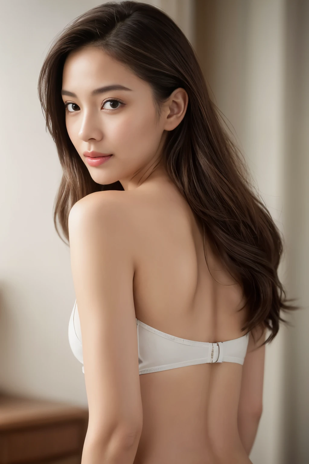 korean woman,full body (natural light),Wavy hair, forehead, Bust: C Cup(dark brown eyes),(from the side), (eyes slanted down),frown, (bikini set),(dynamic positioning) (Sheer curtains, bright room)