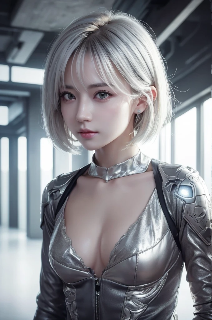 highest quality、8k Masterpiece、超A high resolution、(Photorealistic:1.3)、RAW Photos、1 girl、Silvery white hair、Glowing Skin、1. Super-beautiful Cyberpunk Soldiers、((Ultra-Realistic Details))、Portrait、Global Illumination、Shadow、Octane Rendering、8k、Super sharp、Beautiful breasts、Metal、Cold colors、、Very intricate details、Realistic Light、CGSoation Trend、Beautiful Eyes、Shining Eyes、To the camera、Neon Details、２０age、Very Short Hair