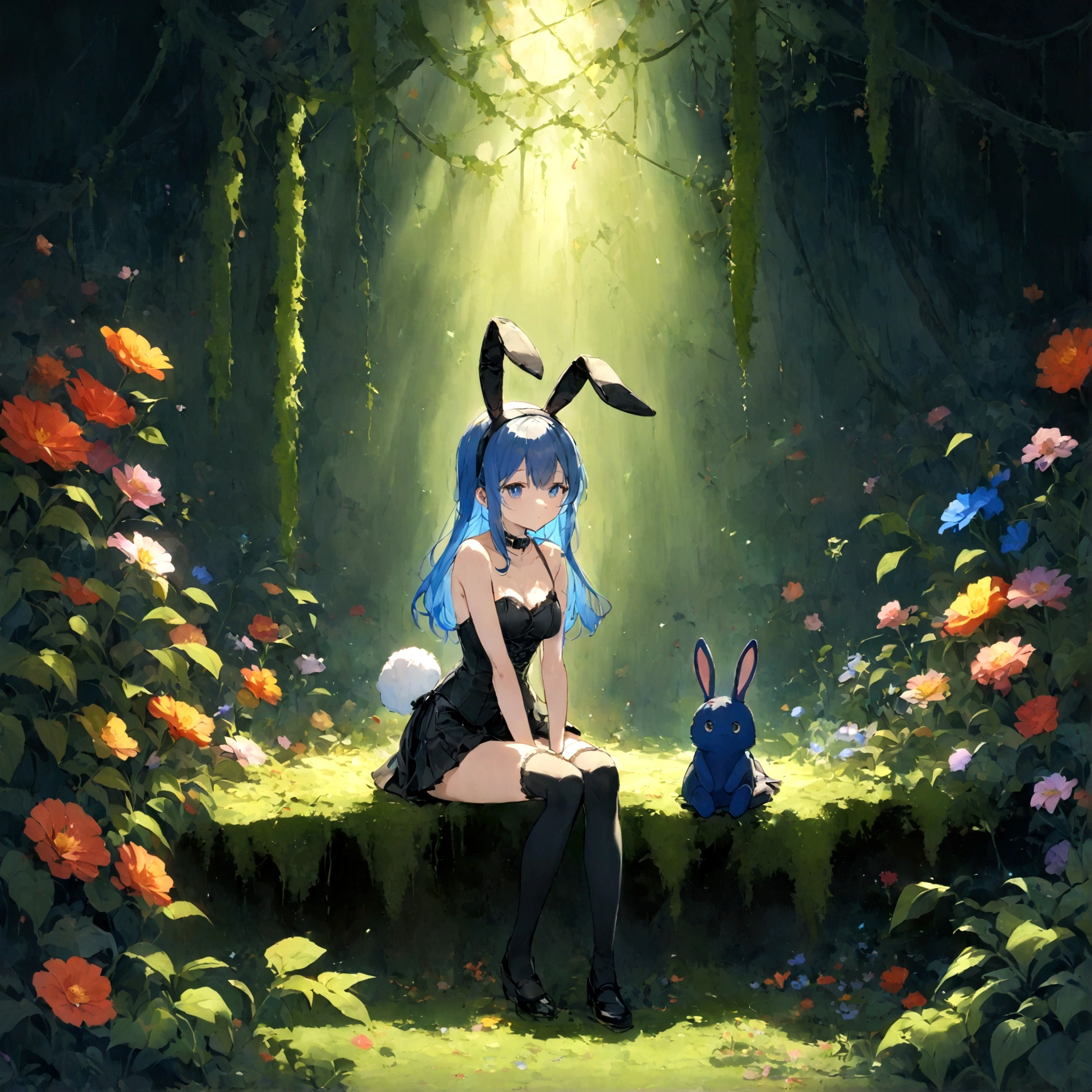 a sexy female with long blue hair, has big fuzzy bunny ears, has a bunny tail, wearing a black corset, wearing a black mini skirt, has a dark blue dog collar on, wearing cute thigh high socks, relaxing on knees, solo, alone, (SOLO)ALONE), no dogs, single girl, on knees, outside in a garden surrounded by multi colored flowers of all sorts, vines, moss, rays of light