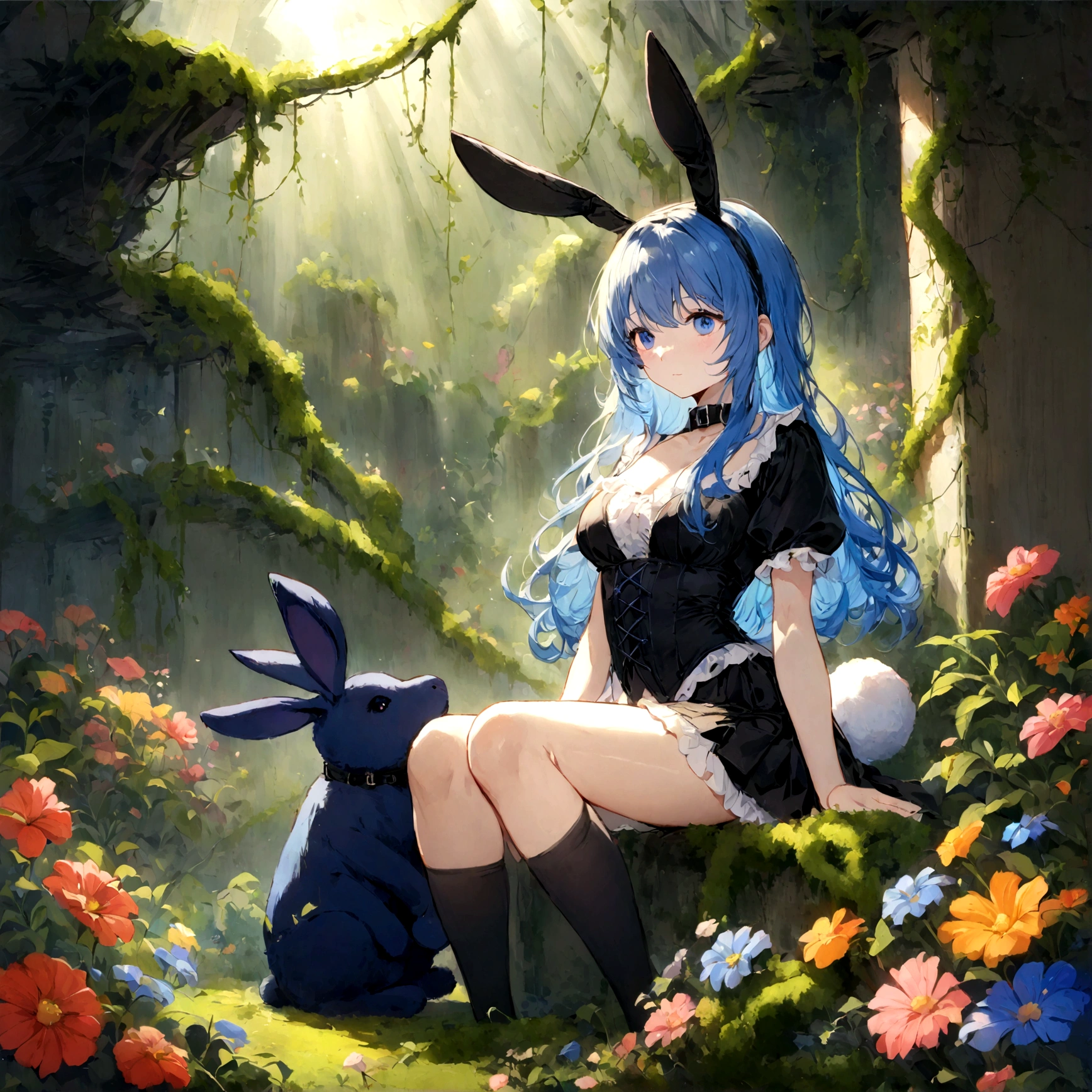 a sexy female with long blue hair, has big fuzzy bunny ears, has a bunny tail, wearing a black corset, wearing a black mini skirt, has a dark blue dog collar on, wearing cute thigh high socks, relaxing on knees, solo, alone, (SOLO)ALONE), no dogs, single girl, on knees, outside in a garden surrounded by multi colored flowers of all sorts, vines, moss, rays of light