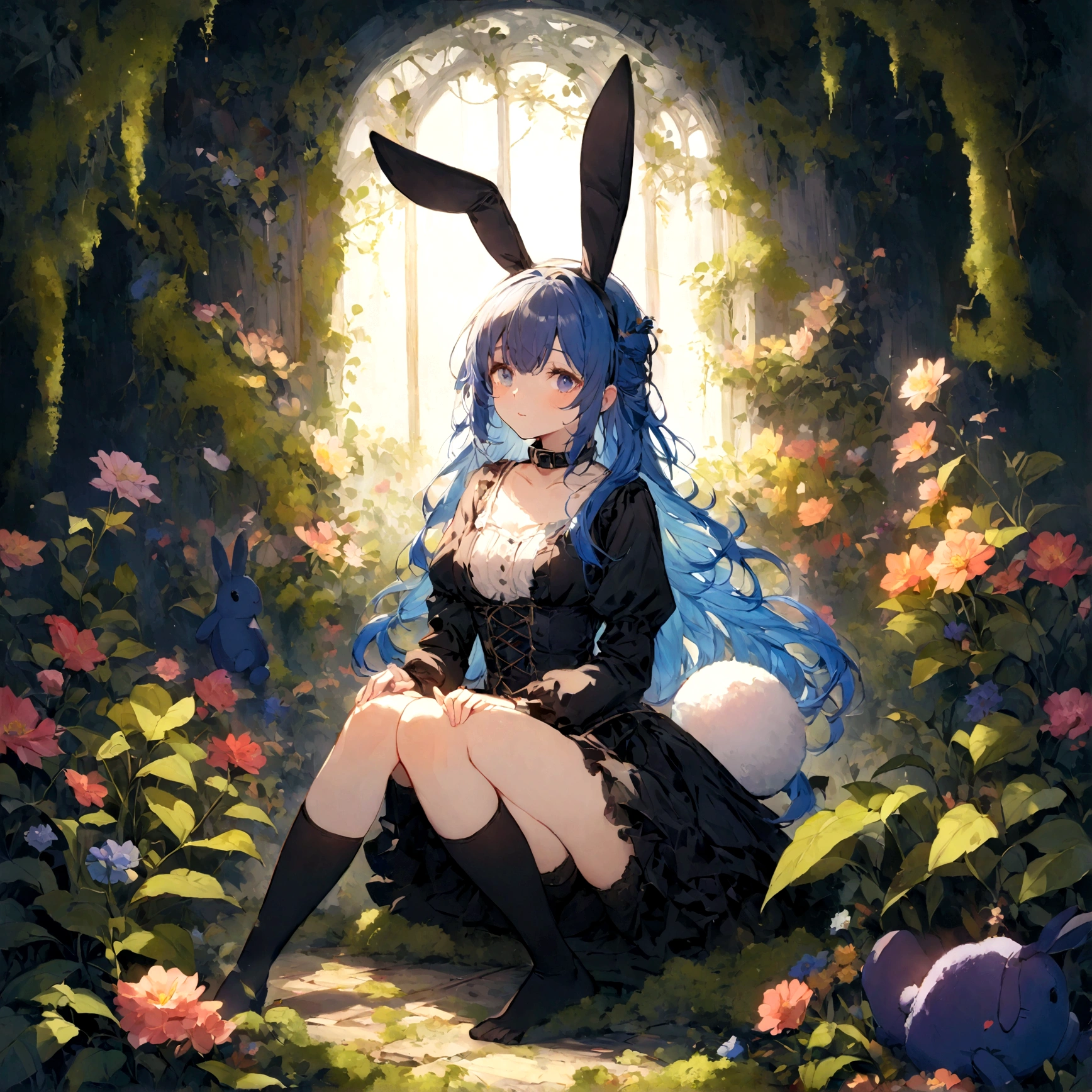 a sexy female with long blue hair, has big fuzzy bunny ears, has a bunny tail, wearing a black corset, wearing a black mini skirt, has a dark blue dog collar on, wearing cute thigh high socks, relaxing on knees, solo, alone, (SOLO)ALONE), no dogs, single girl, on knees, outside in a garden surrounded by multi colored flowers of all sorts, vines, moss, rays of light