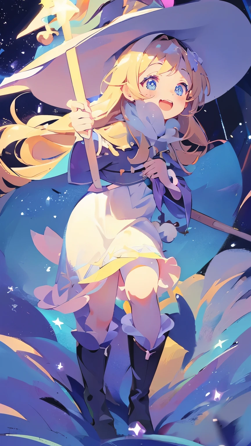 ((magic使いの女の子:1.5)), Full body photography，Perfect Face, Beautiful Face, Highly detailed face，(Long Hair:1.3)，(Witch Hat:1.3)，boots，Witch's broom，magicの杖，book of magic，Night Sky，たくさんのstar，Shine，smile，Light，magic，月Light，starの粒，star々，月Light，流れstar