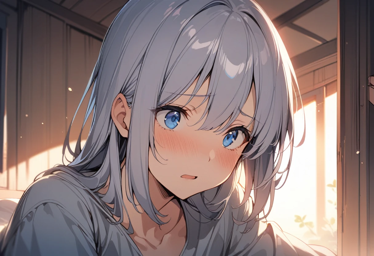 1girl, grey hair, blue eyes, scared, upper body, bedroom, indoor, masterpiece, best quality, absurdres, very aesthetic, (((oldest))), General