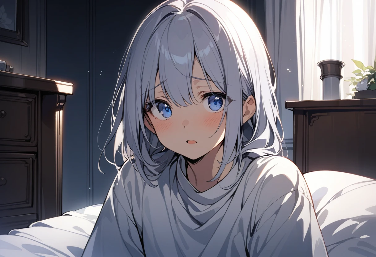 1girl, grey hair, blue eyes, scared, upper body, bedroom, indoor, masterpiece, best quality, absurdres, very aesthetic, (((oldest))), General