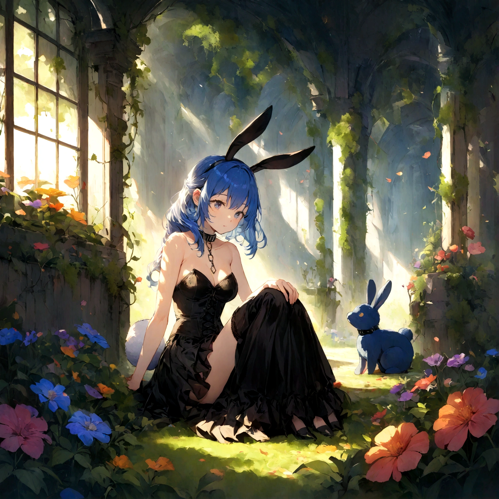 a sexy female with long blue hair, has big fuzzy bunny ears, has a bunny tail, wearing a black corset, wearing a black mini skirt, has a dark blue dog collar on, wearing cute thigh high socks, relaxing on knees, solo, alone, (SOLO)ALONE), no dogs, single girl, on knees, outside in a garden surrounded by multi colored flowers of all sorts, vines, moss, rays of light