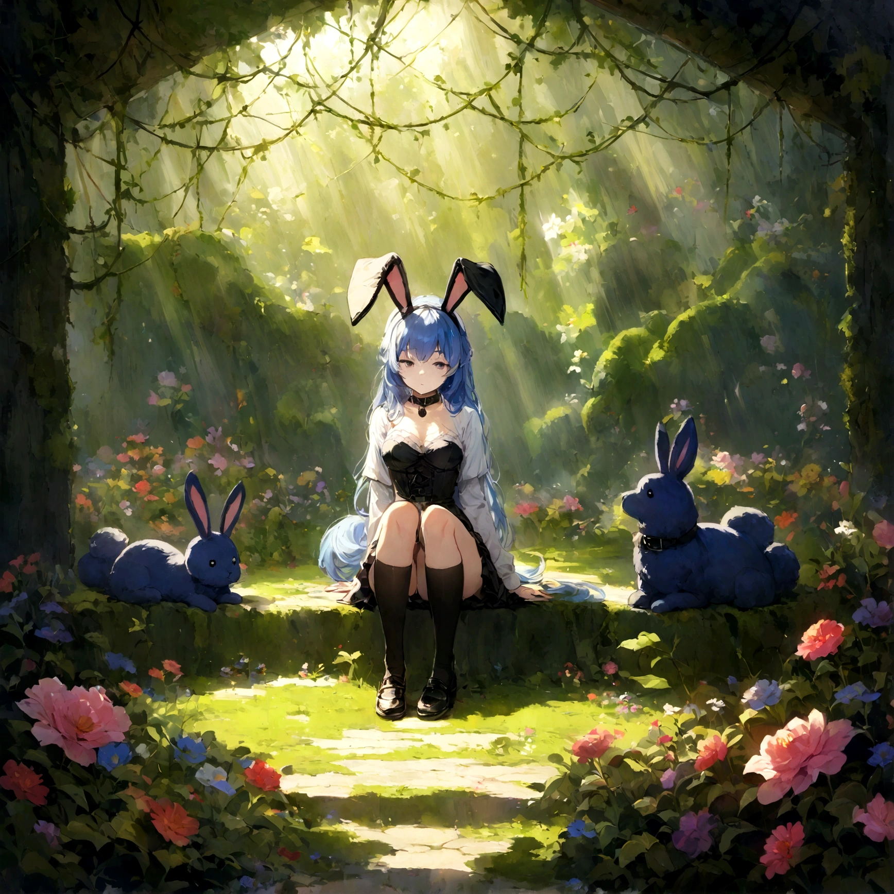 a sexy female with long blue hair, has big fuzzy bunny ears, has a bunny tail, wearing a black corset, wearing a black mini skirt, has a dark blue dog collar on, wearing cute thigh high socks, relaxing on knees, solo, alone, (SOLO)ALONE), no dogs, single girl, on knees, outside in a garden surrounded by multi colored flowers of all sorts, vines, moss, rays of light