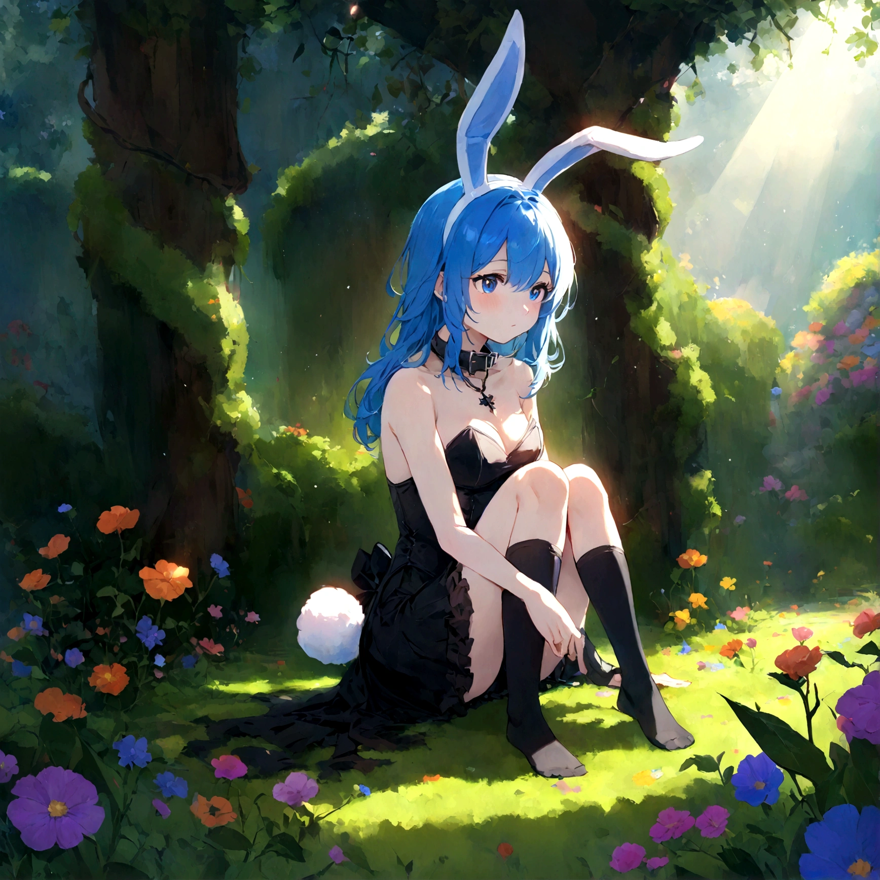 a sexy female with long blue hair, has big fuzzy bunny ears, has a bunny tail, wearing a black corset, wearing a black mini skirt, has a dark blue dog collar on, wearing cute thigh high socks, relaxing on knees, solo, alone, (SOLO)ALONE), no dogs, single girl, on knees, outside in a garden surrounded by multi colored flowers of all sorts, vines, moss, rays of light