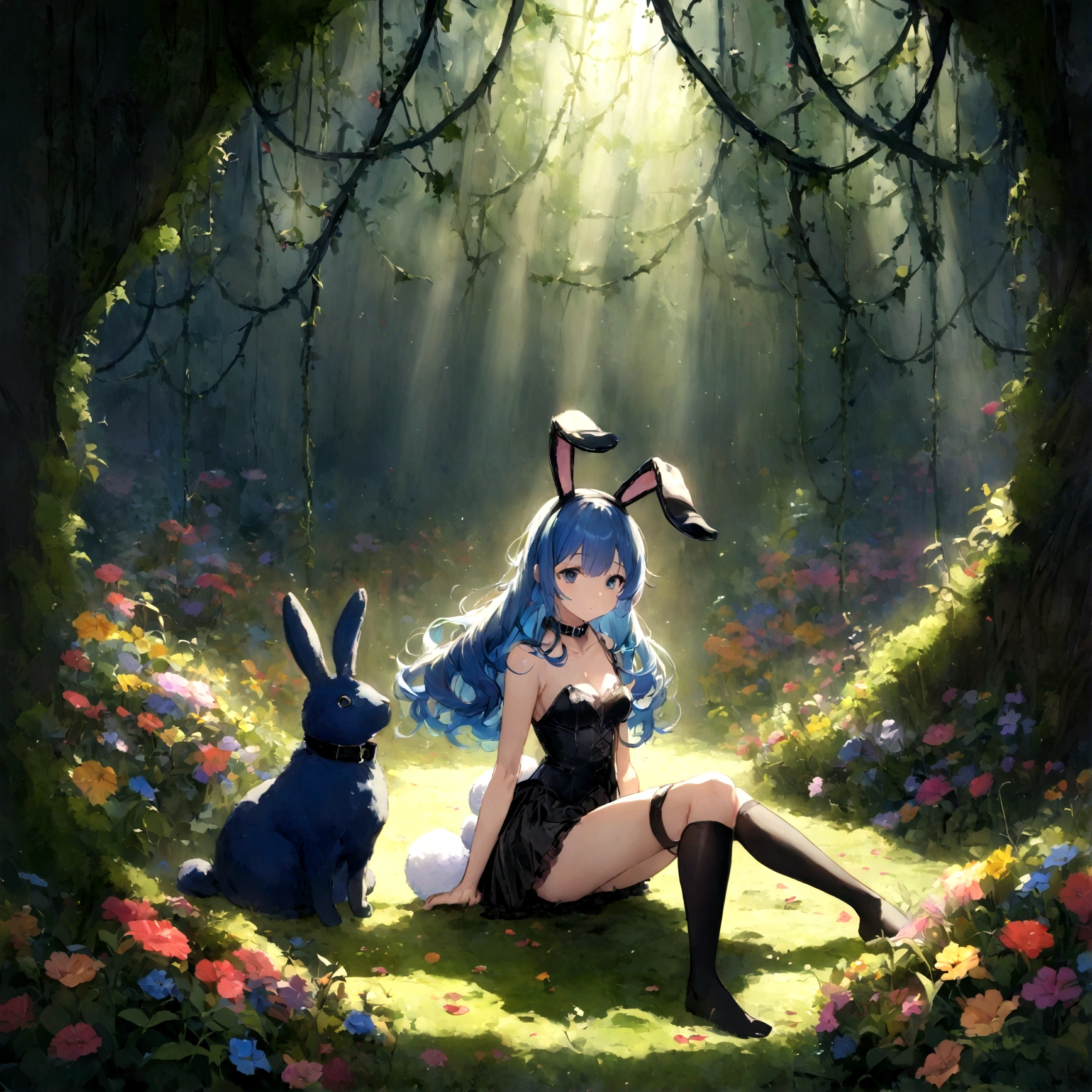 a sexy female with long blue hair, has big fuzzy bunny ears, has a bunny tail, wearing a black corset, wearing a black mini skirt, has a dark blue dog collar on, wearing cute thigh high socks, relaxing on knees, solo, alone, (SOLO)ALONE), no dogs, single girl, on knees, outside in a garden surrounded by multi colored flowers of all sorts, vines, moss, rays of light