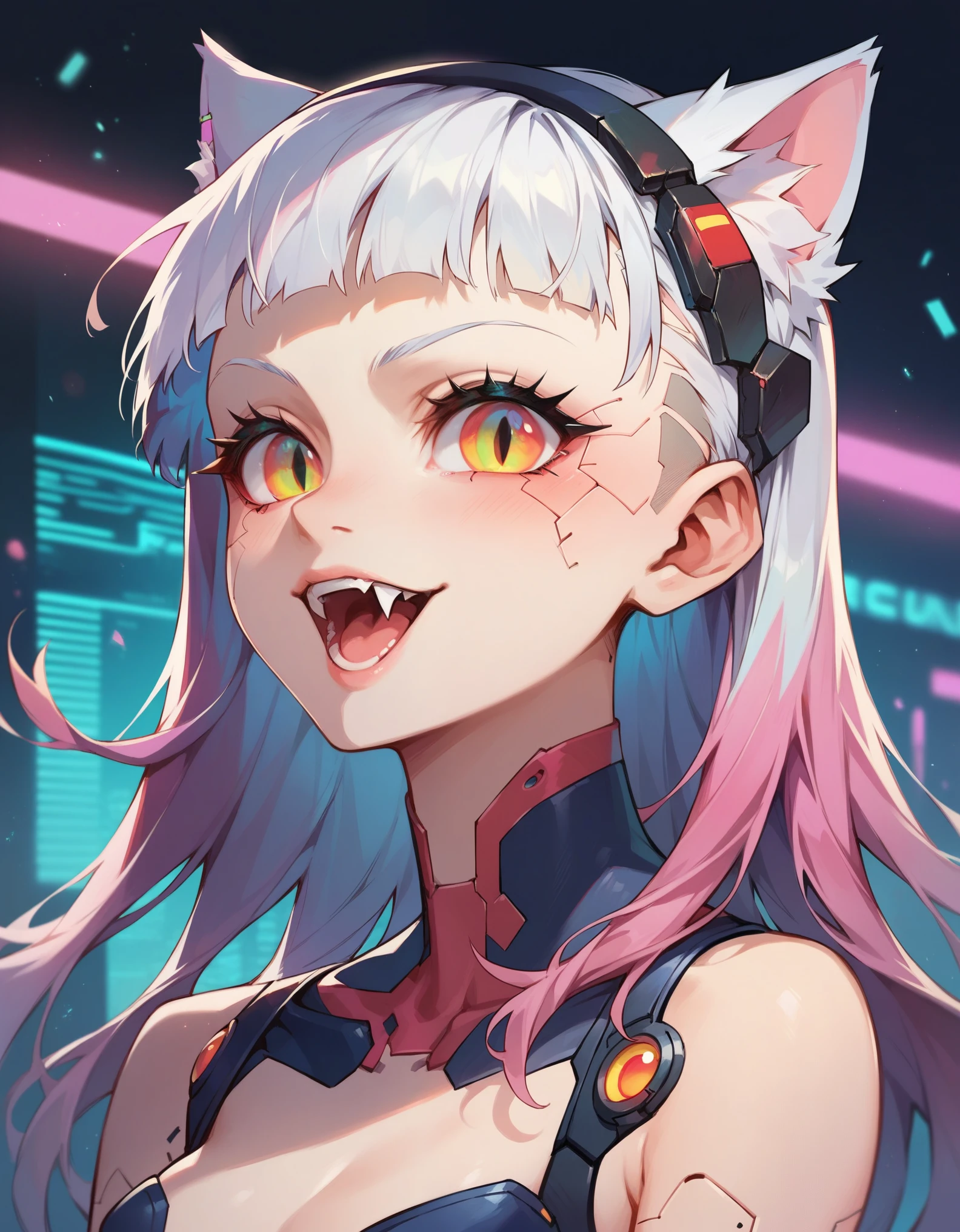 depiction of a cyberpunk cat girl,using a neon color palette of blues,greens,and purples,cyberpunk,android girl,background,score_7_up,score_8_up,score_9,abstract,cyberpunk background,detailed eyes, one cute fang, cybernetic implants, android,slit pupils, cat eyes silhouette,1girl,  score_9,score_8_up,score_7_up,highres, masterpiece,