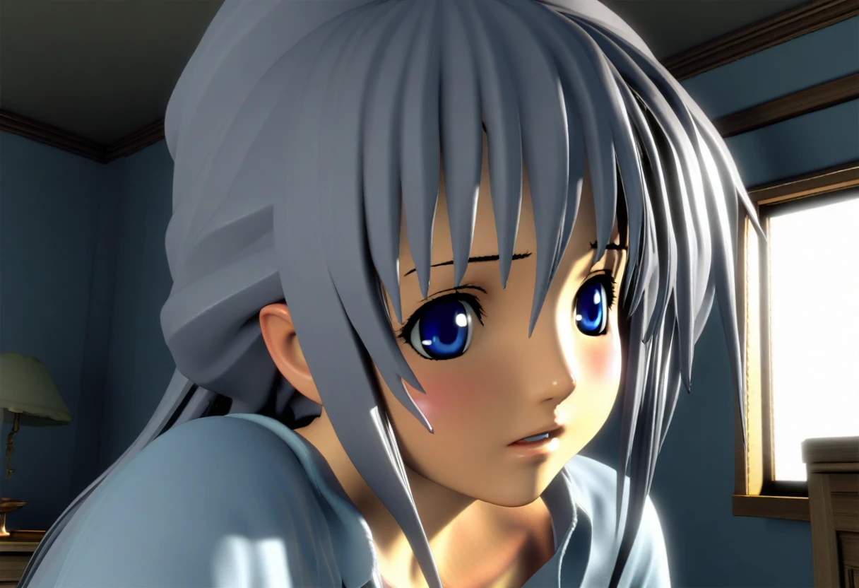  1girl, grey hair, blue eyes, scared, upper body, bedroom, indoor, masterpiece, best quality, absurdres, very aesthetic, (((oldest))), [3D:7], General 