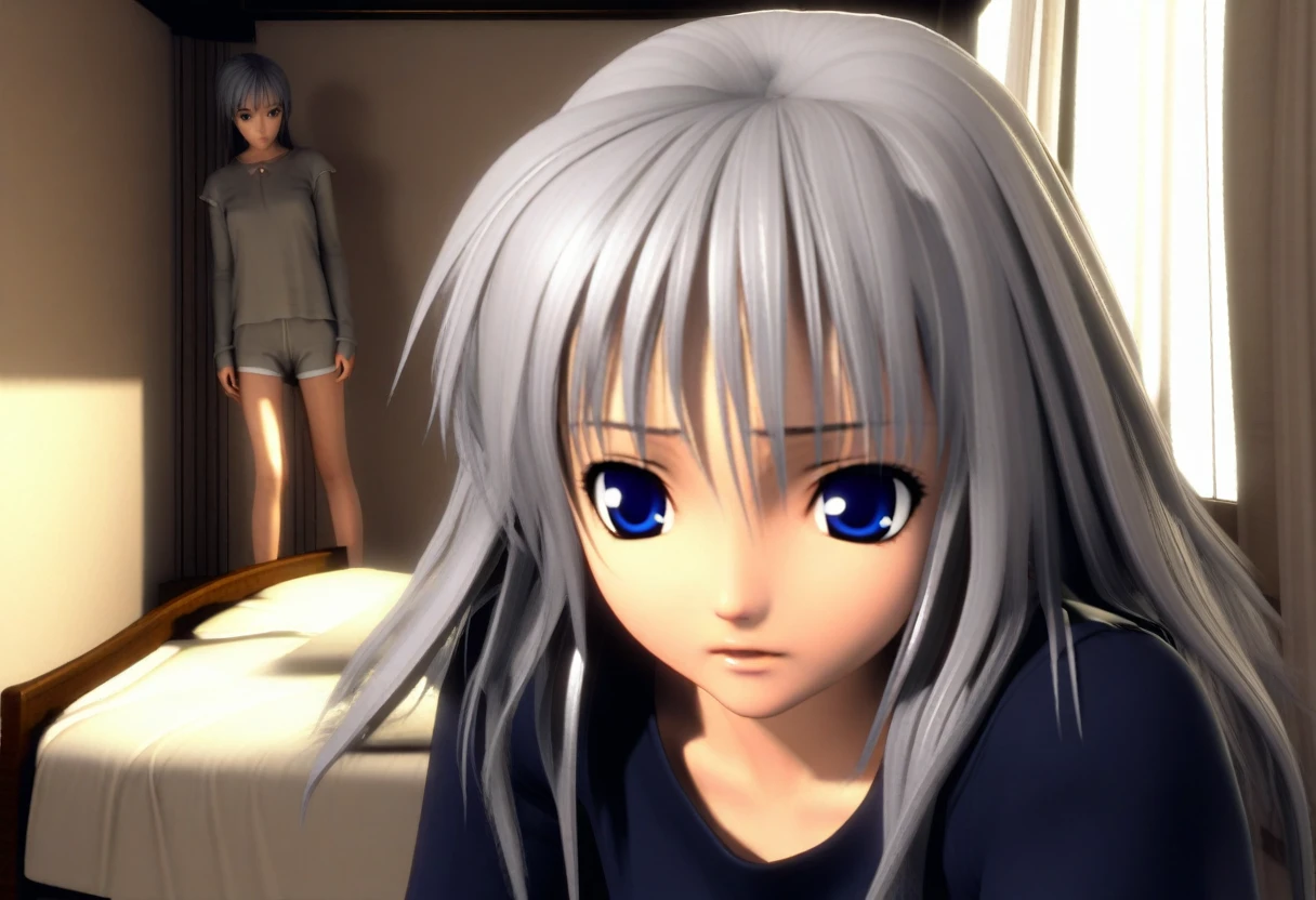  1girl, grey hair, blue eyes, scared, upper body, bedroom, indoor, masterpiece, best quality, absurdres, very aesthetic, (((oldest))), [3D:7], General 