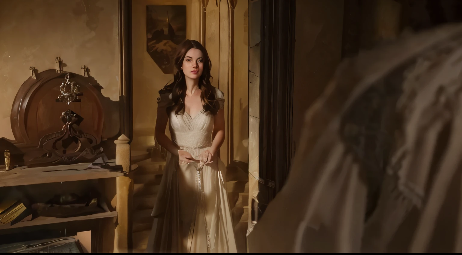 Woman with brown hair climbing the stairs of a castle with the glass being broken by thieves