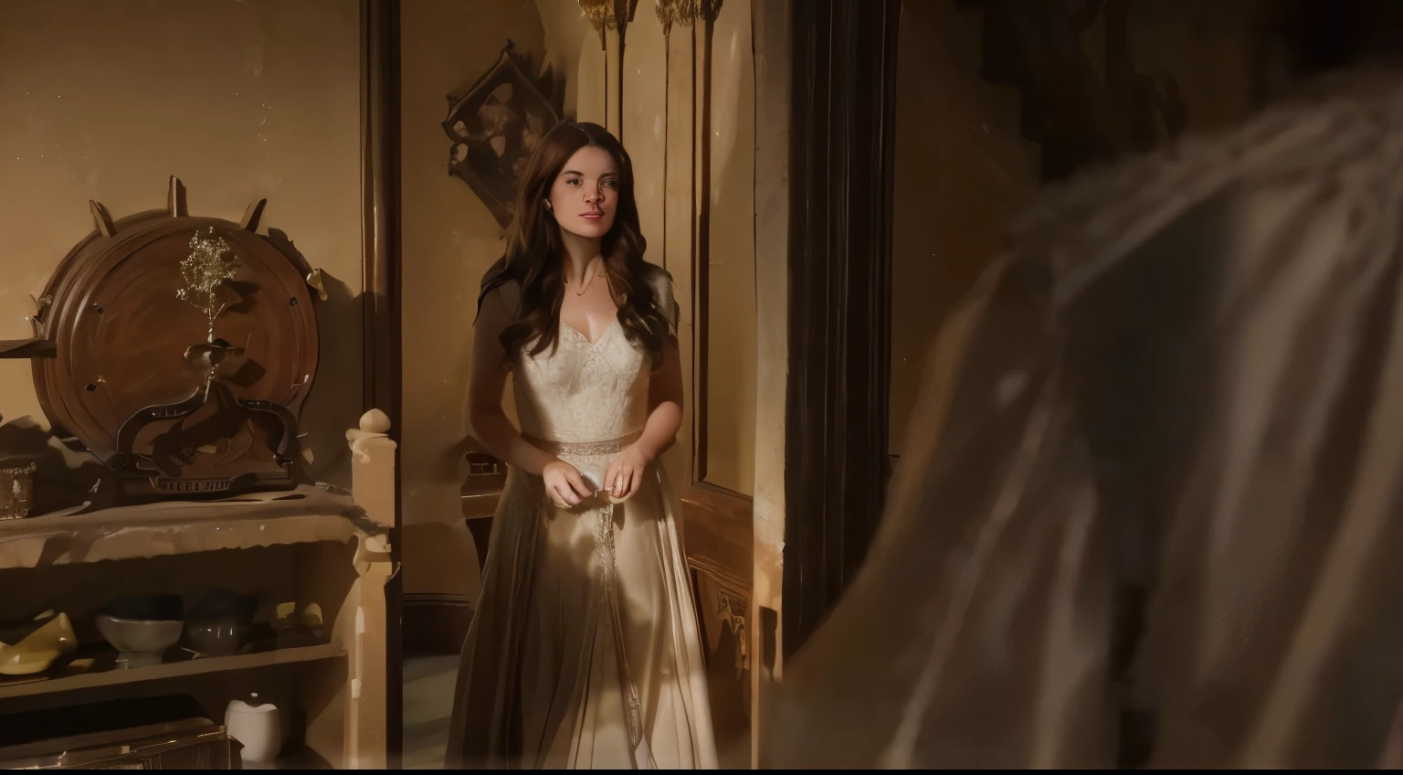 Woman with brown hair climbing the stairs of a castle with the glass being broken by thieves