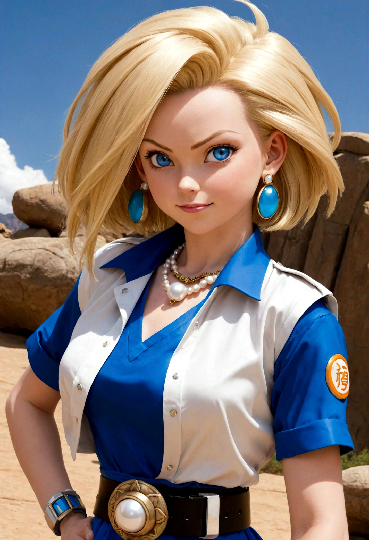 1girl, android 18 from "Dragon Ball", solo, huge rock, punch, bangs, (blond hair), Short hair, blue eyes, belt, blue skirt, white shirt, vest, short sleeves, bracelet, black belt, belt buckle, hair decoration, jewelry, earrings, pearl necklace, seductive smile, looking at viewer, (masterpiece, best quality, Professional, perfect composition, very aesthetic, absurdres, ultra-detailed, intricate details:1.3)