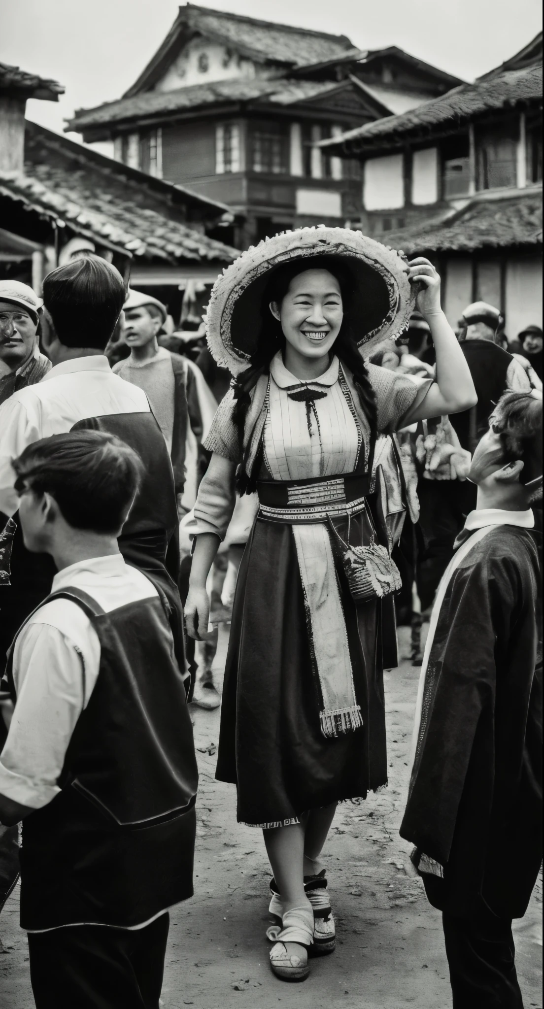 masterpiece, best quality, highres, hyper detailed, faded old photo, damaged, 1840s, Ancient asian cultural, fantasy, surreal, 
a real 8 foot tall cow Head Warrior stands with the local villagers, giant, beard, traditional dress, armor, costume, 
smile, crowd, children, outdoor, village scene, depth of field, 