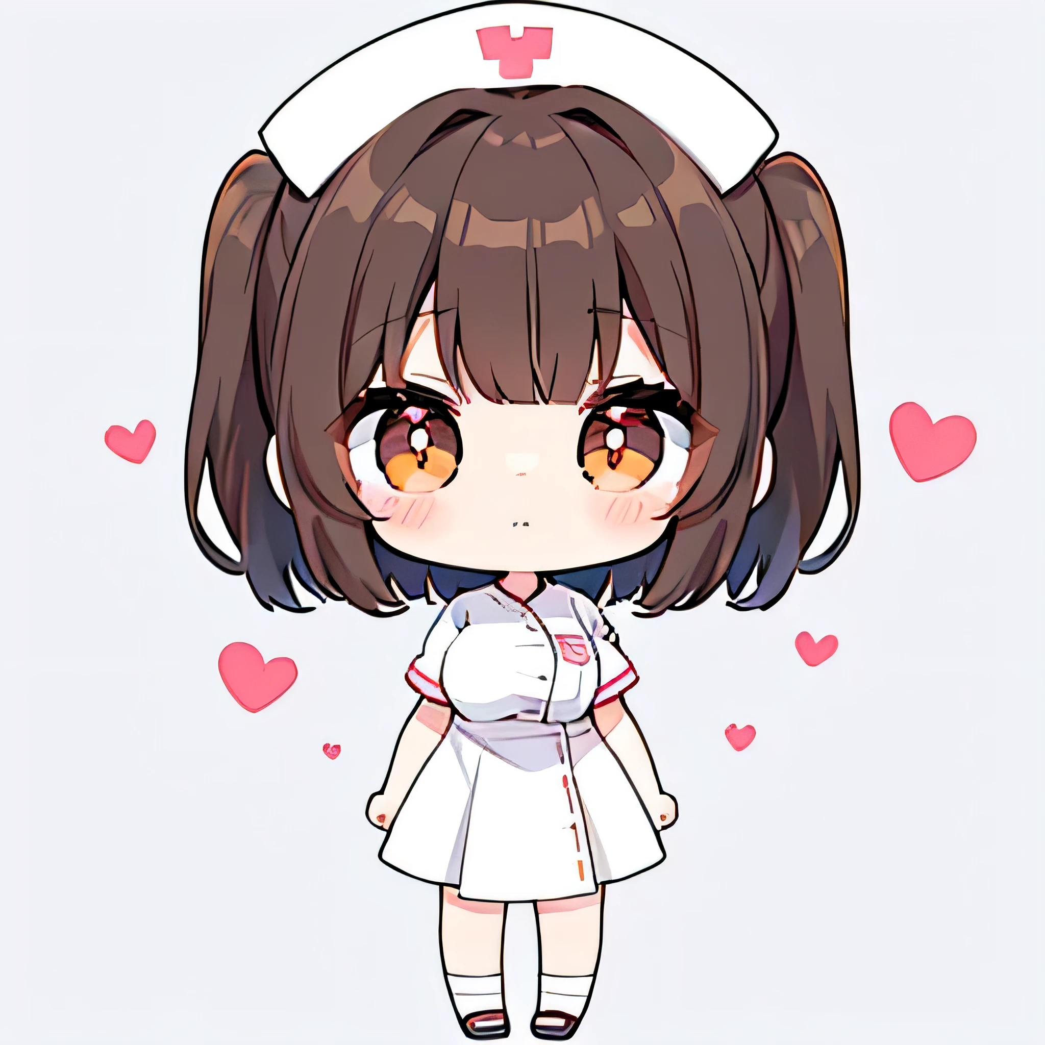 (a very cute and beautiful chibi anime girl), best quality, ultra detailed, 1girl, solo, standing, brown hair, short hair, brown eyes, bangs, medium breasts, ((is wearing white nurse uniform)), stare, white loafer, heart-shaped pupils, looking at viewer, simple flat background